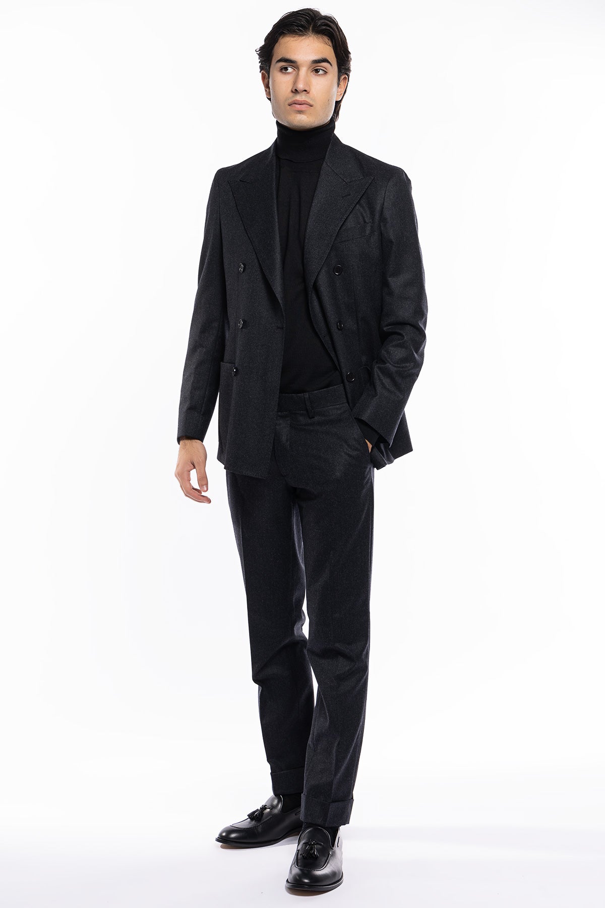 Giacca uomo Doppiopetto Grigio scuro in lana Flanella Vitale Barberis Canonico slim fit rever largo sartoriale