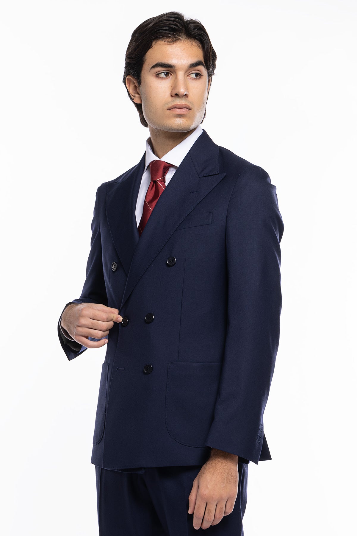 Giacca uomo doppiopetto Blu navy in fresco lana super 140's Holland & Sherry Rever a lancia e tasche a toppe