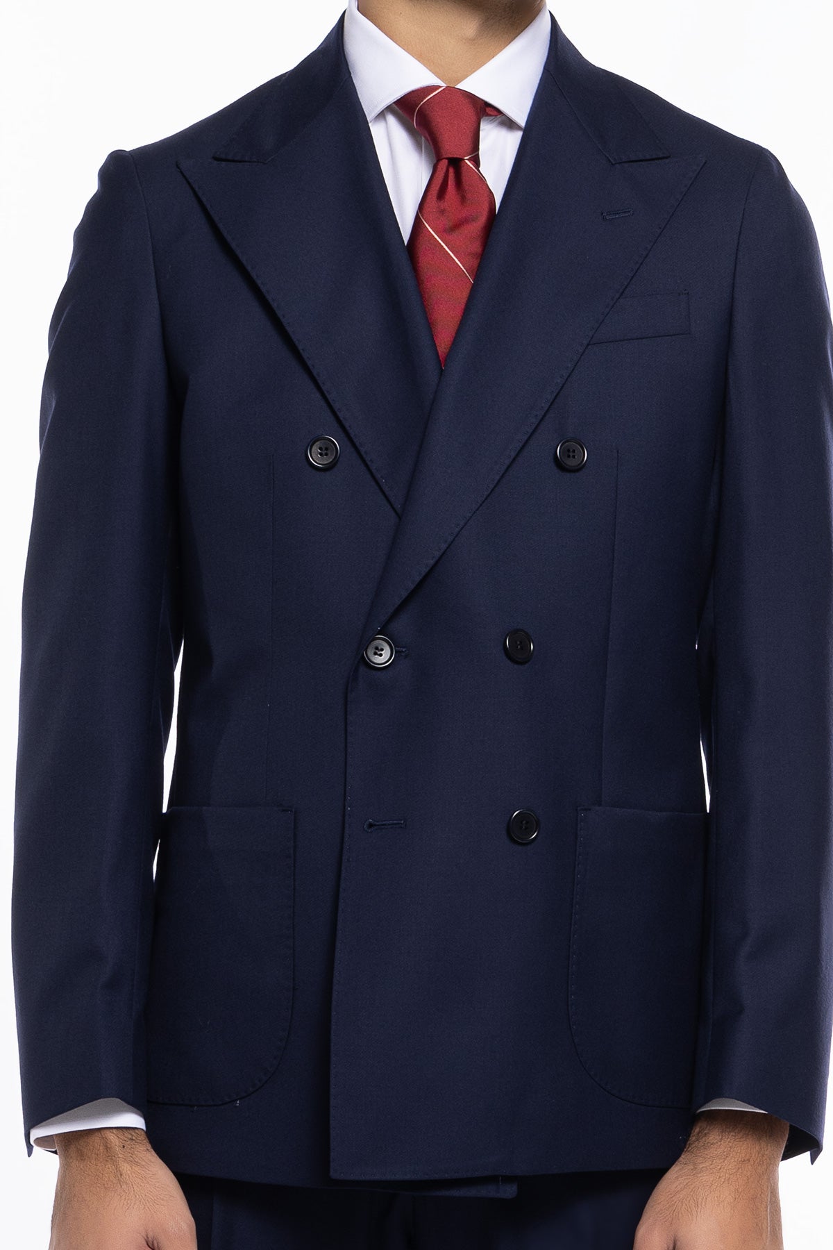 Giacca uomo doppiopetto Blu navy in fresco lana super 140's Holland & Sherry Rever a lancia e tasche a toppe