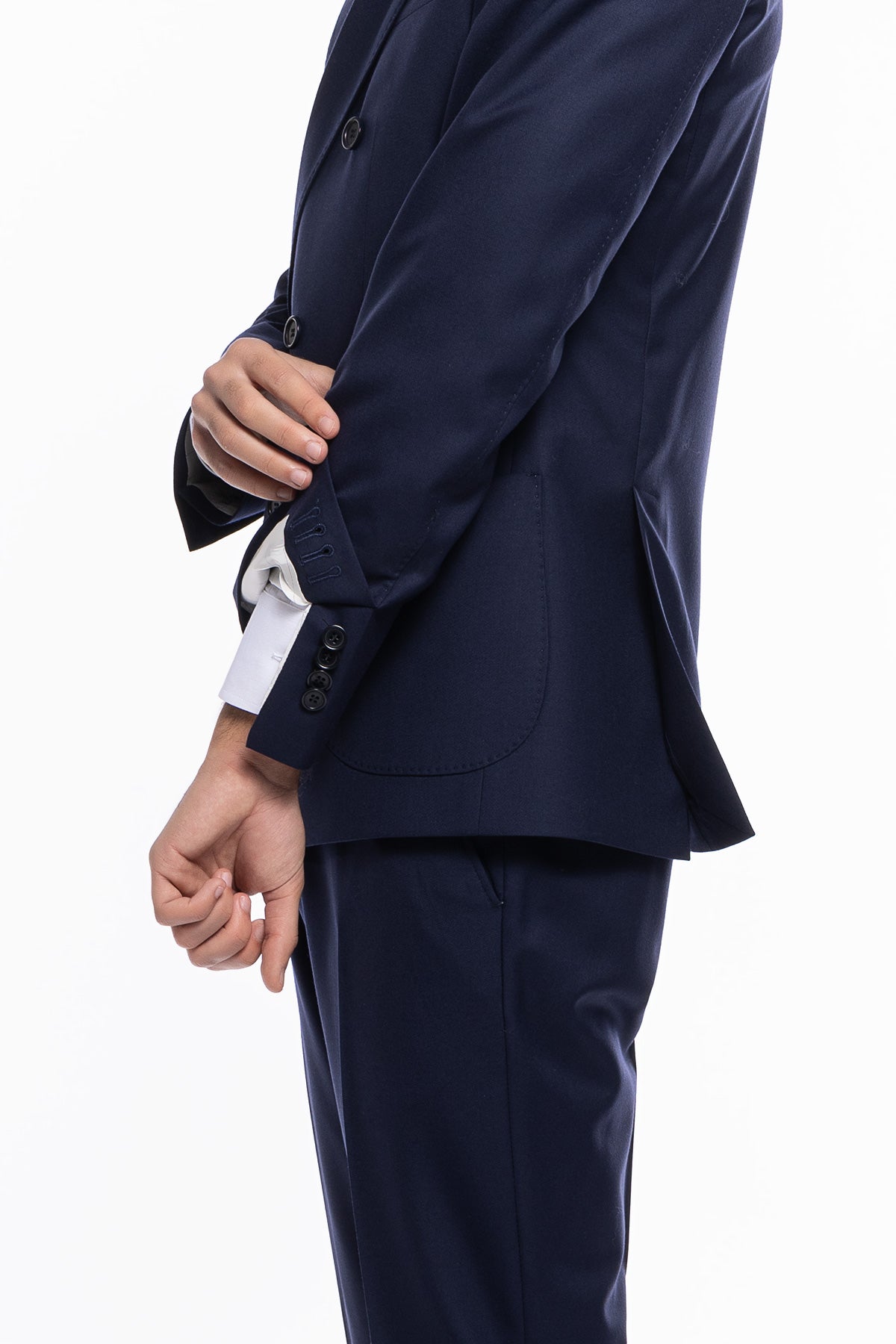 Giacca uomo doppiopetto Blu navy in fresco lana super 140's Holland & Sherry Rever a lancia e tasche a toppe