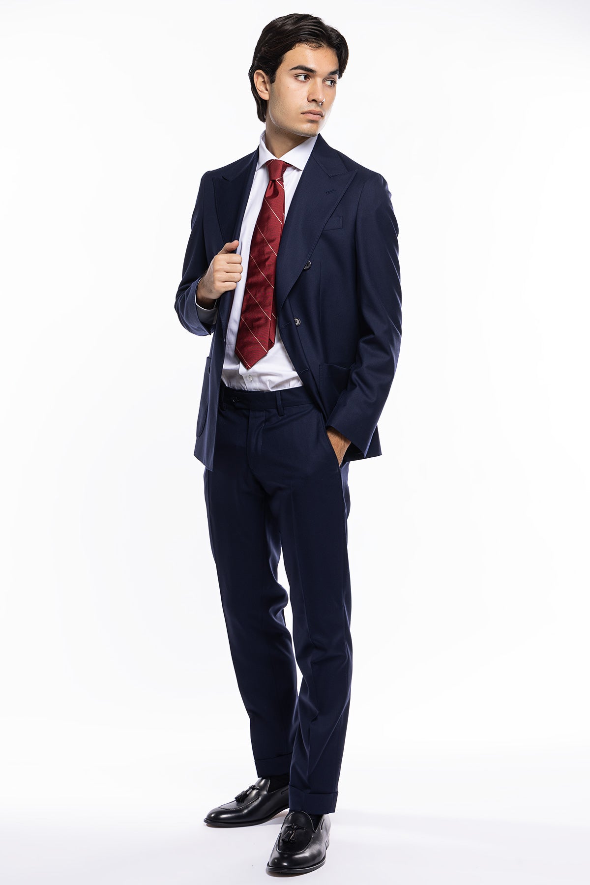 Giacca uomo doppiopetto Blu navy in fresco lana super 140's Holland & Sherry Rever a lancia e tasche a toppe