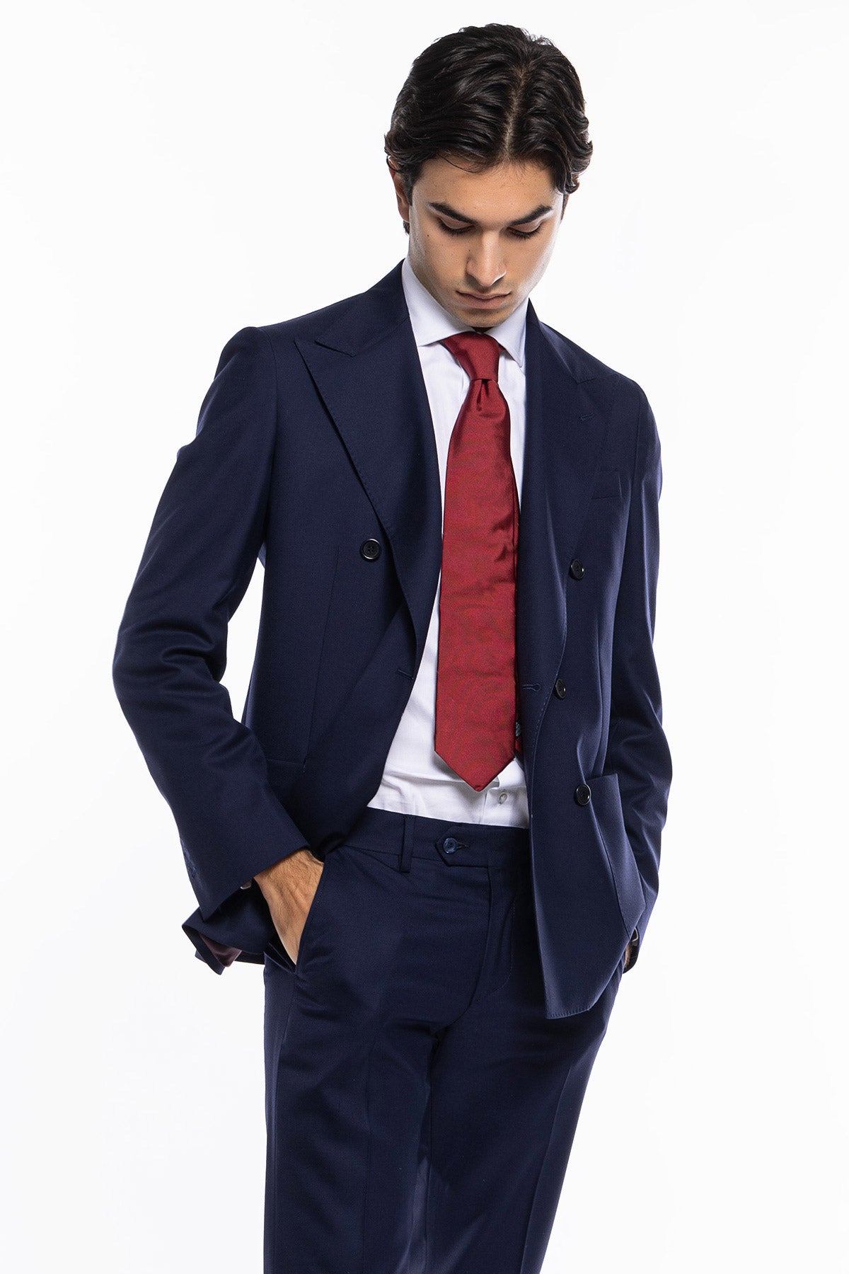 Giacca uomo doppiopetto Blu in fresco lana super 140's Holland & Sherry Rever a lancia e tasche a toppe