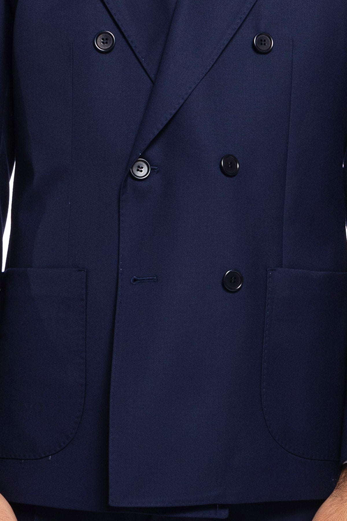 Giacca uomo doppiopetto Blu in fresco lana super 140's Holland & Sherry Rever a lancia e tasche a toppe