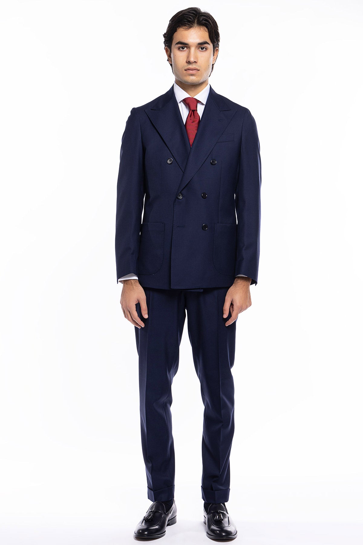 Giacca uomo doppiopetto Blu in fresco lana super 140's Holland & Sherry Rever a lancia e tasche a toppe
