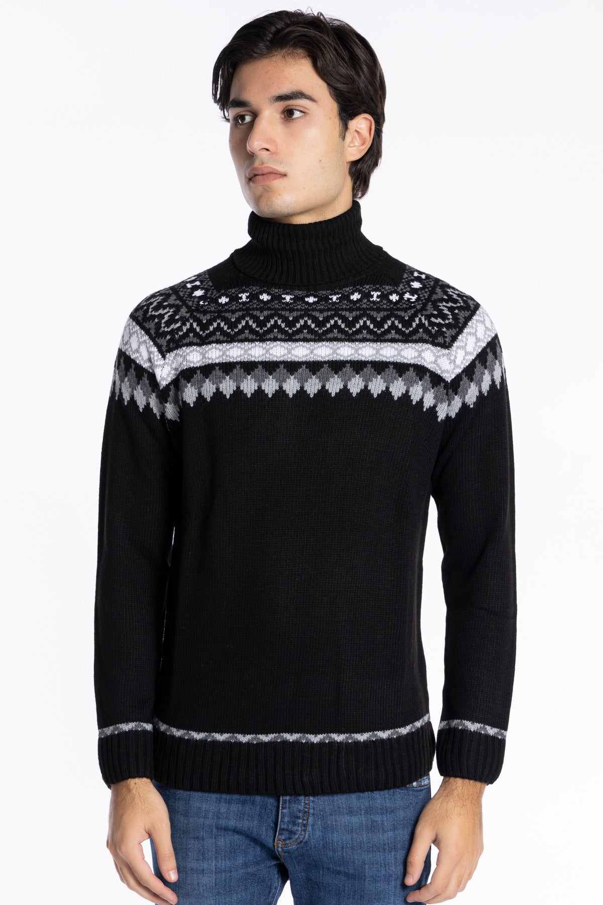 Maglione da uomo collo alto nero fantasia jacquard bianca e grigia maniche lunghe
