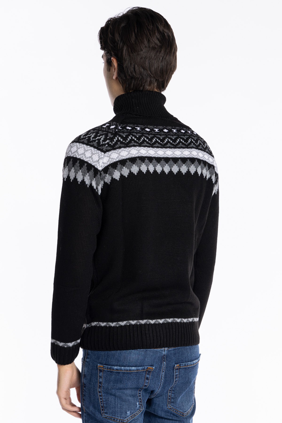 Maglione da uomo collo alto nero fantasia jacquard bianca e grigia maniche lunghe