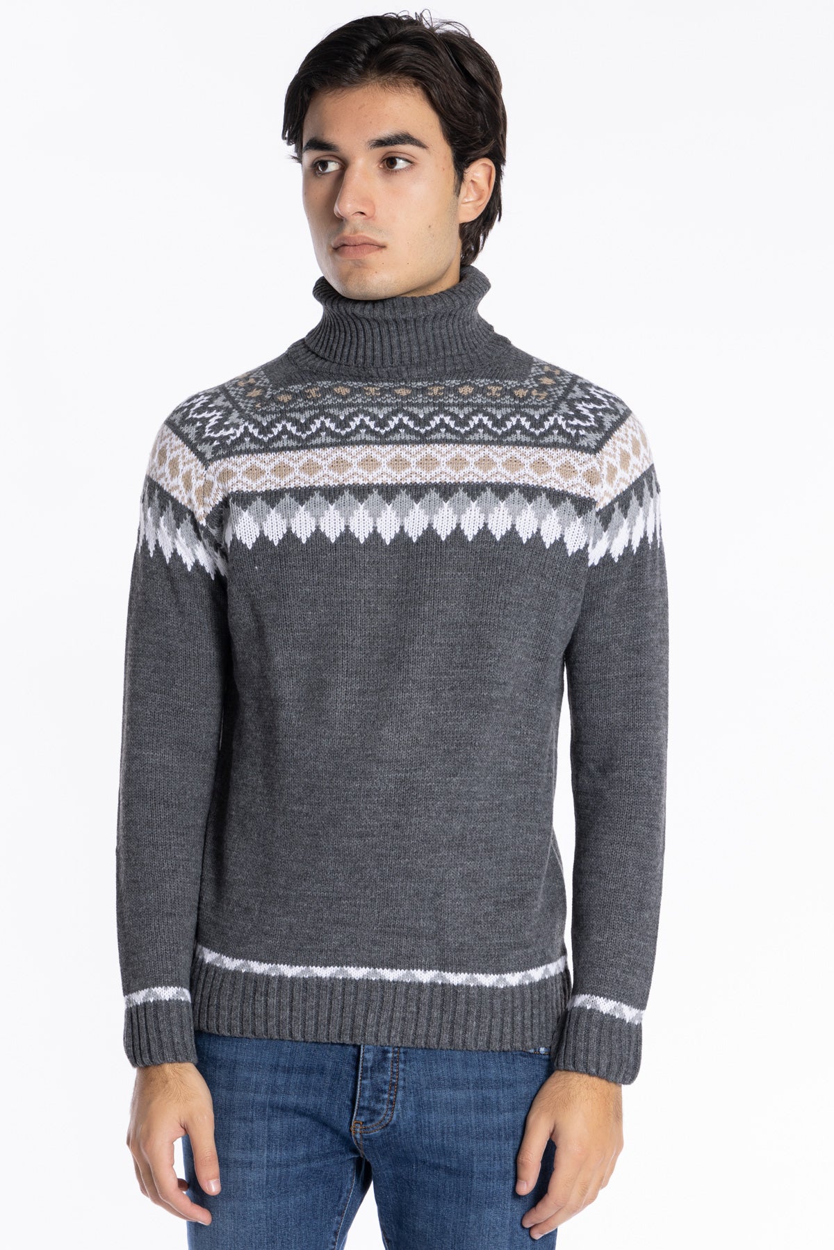 Maglione da uomo collo alto grigio fantasia jacquard bianca e grigia maniche lunghe