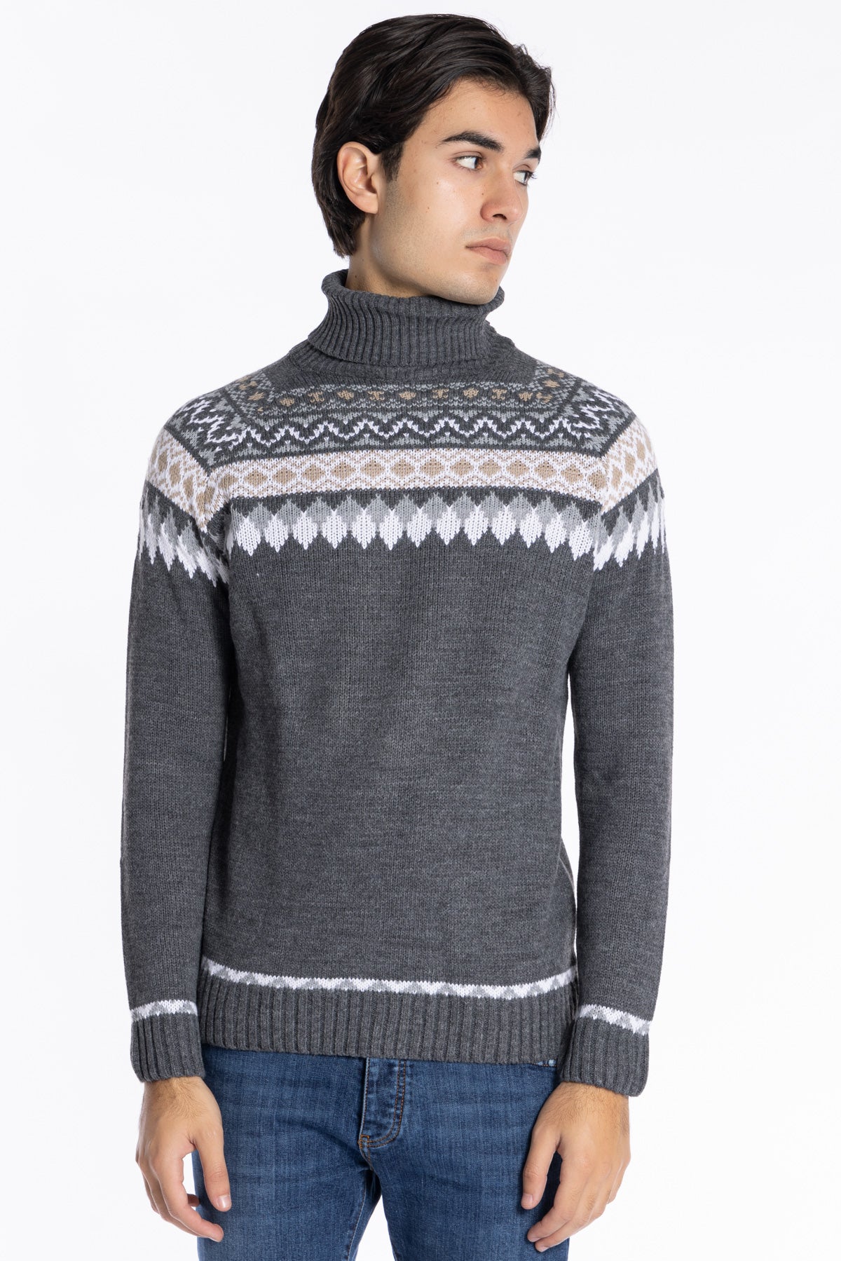 Maglione da uomo collo alto grigio fantasia jacquard bianca e grigia maniche lunghe