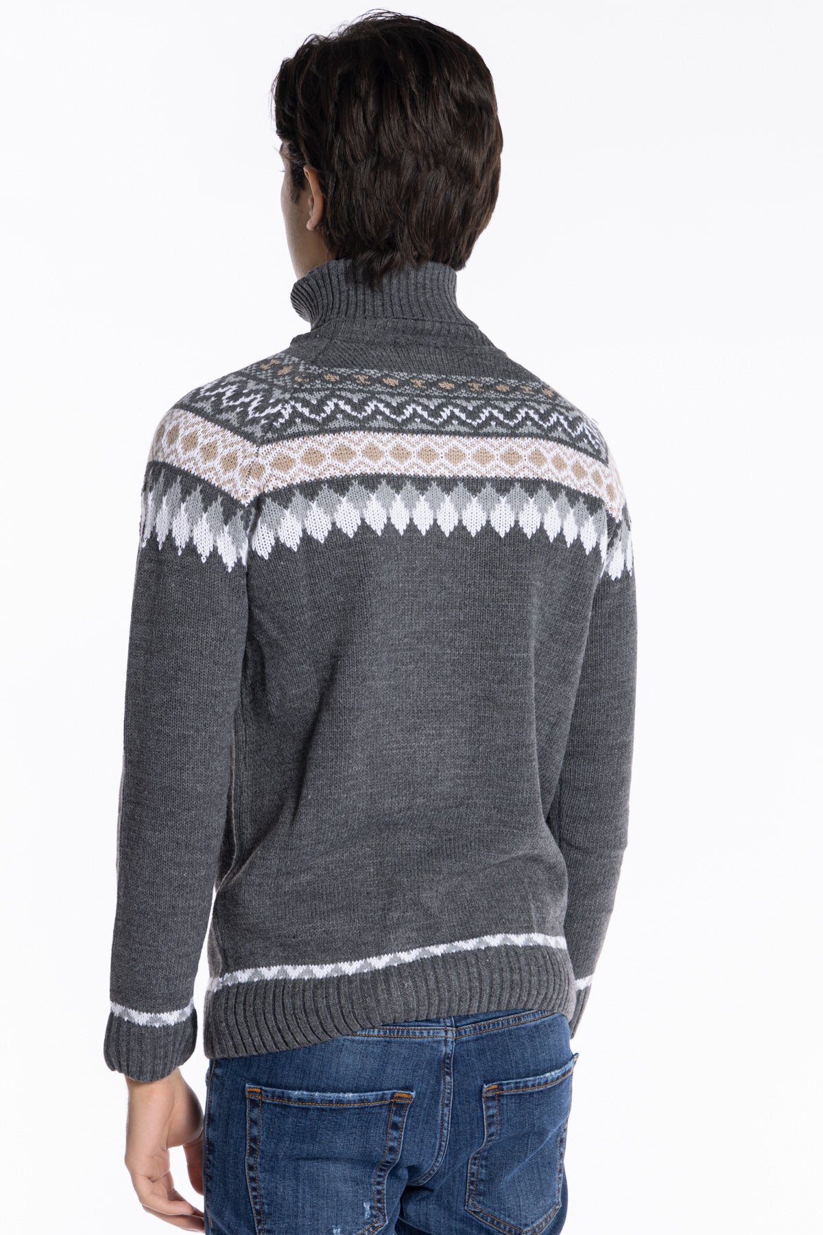 Maglione da uomo collo alto grigio fantasia jacquard bianca e grigia maniche lunghe