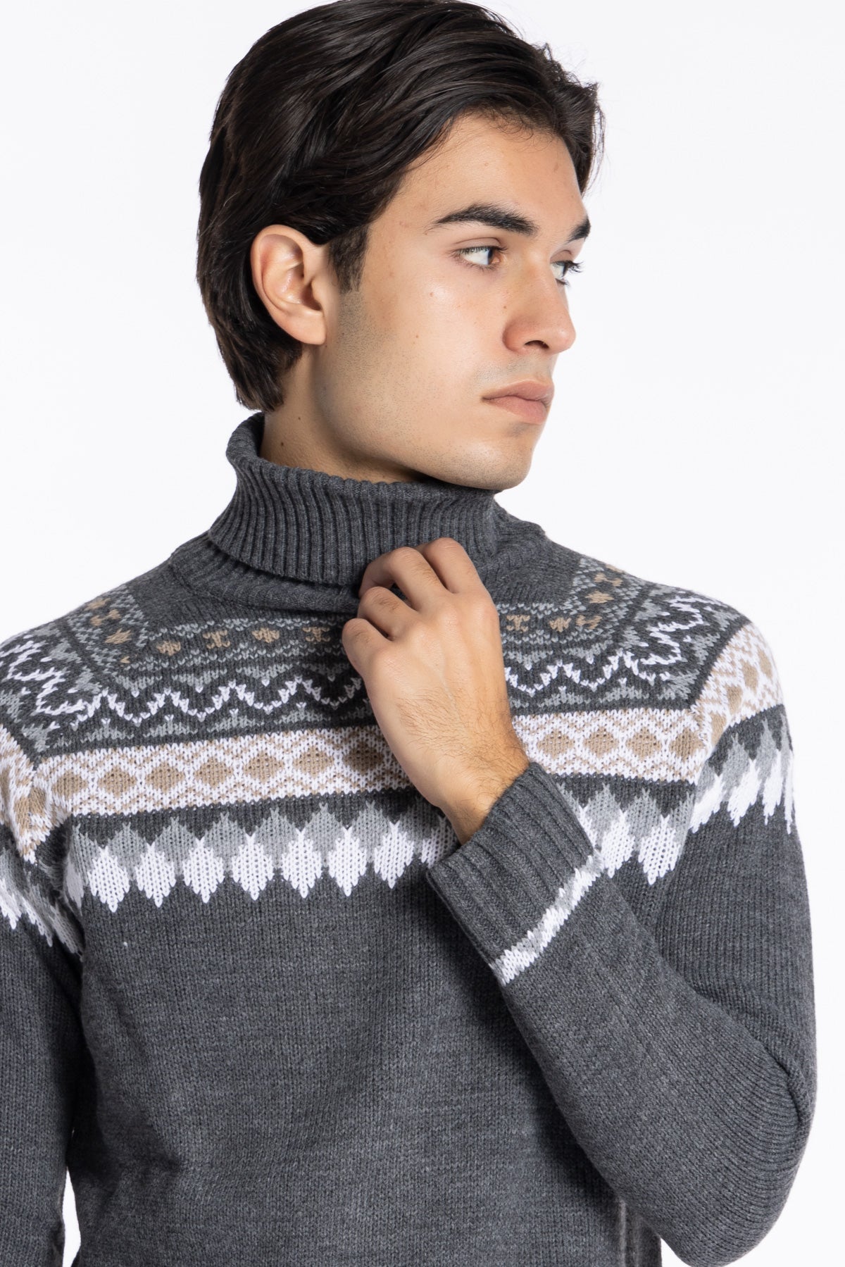 Maglione da uomo collo alto grigio fantasia jacquard bianca e grigia maniche lunghe