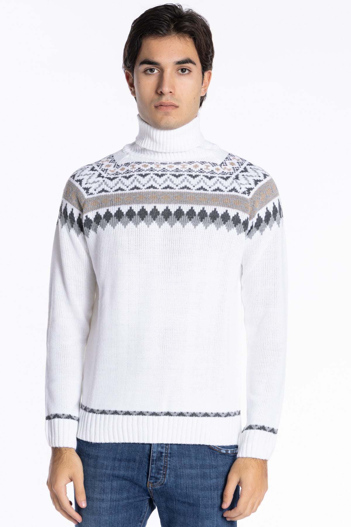 Maglione da uomo collo alto bianco fantasia jacquard bianca e grigia maniche lunghe
