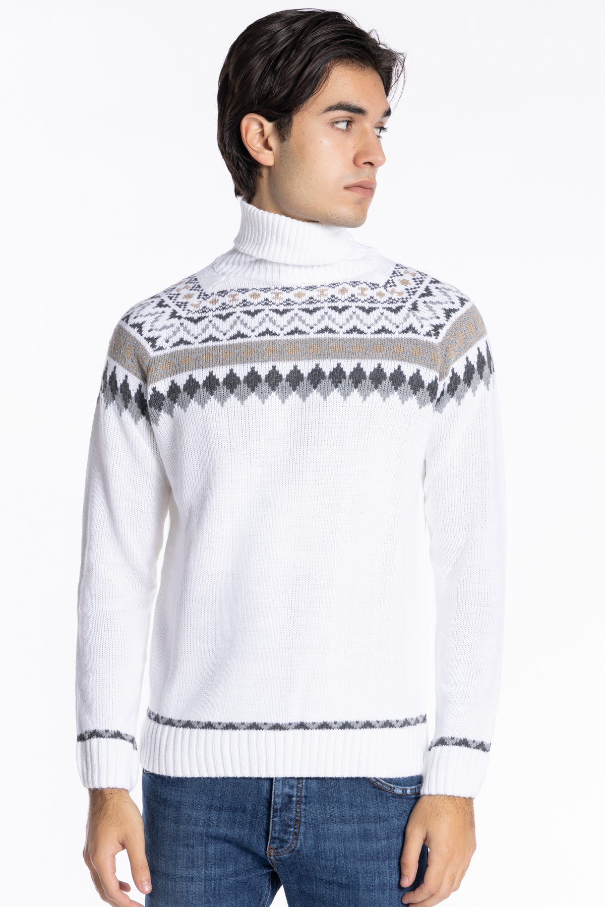 Maglione da uomo collo alto bianco fantasia jacquard bianca e grigia maniche lunghe