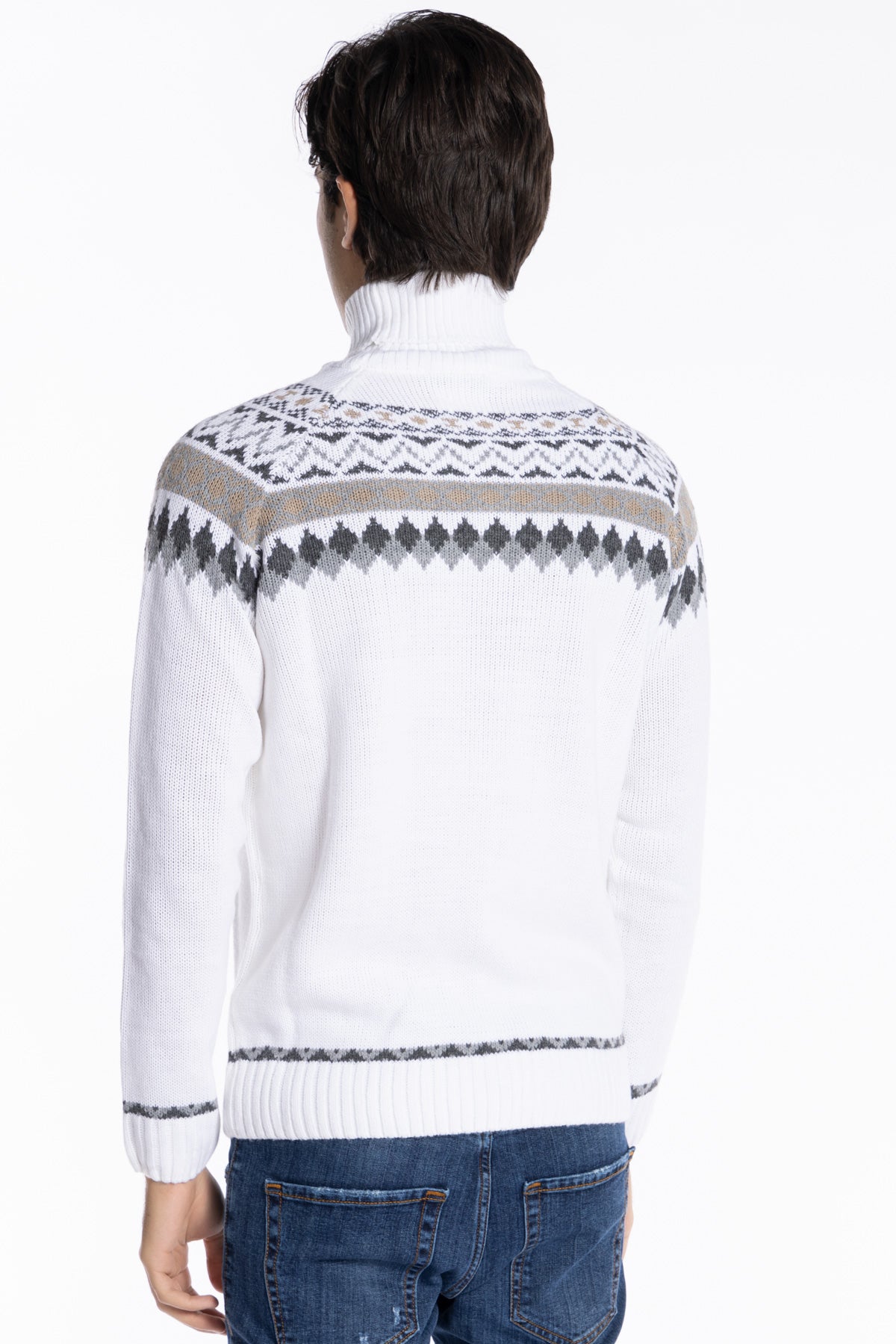 Maglione da uomo collo alto bianco fantasia jacquard bianca e grigia maniche lunghe