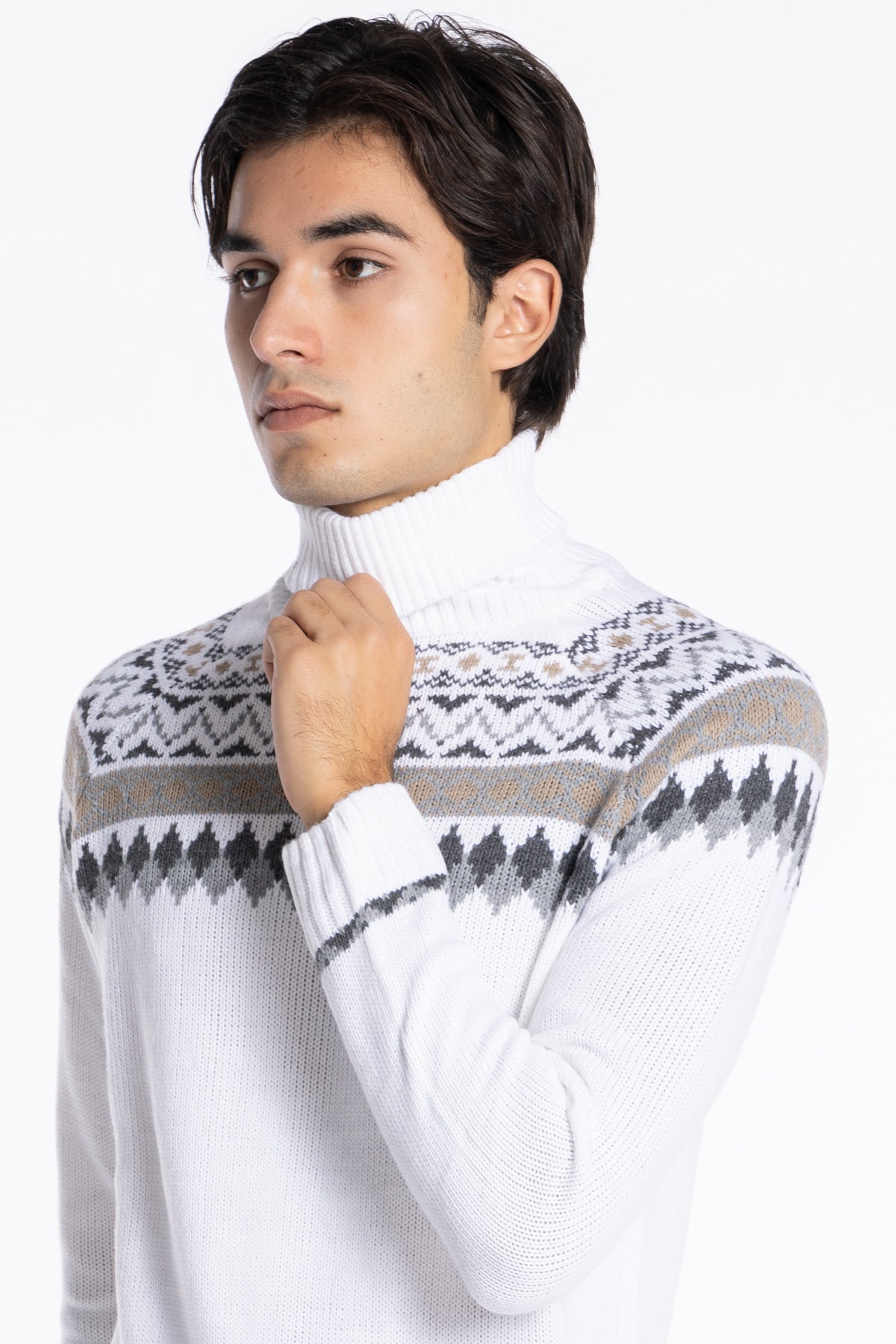 Maglione da uomo collo alto bianco fantasia jacquard bianca e grigia maniche lunghe