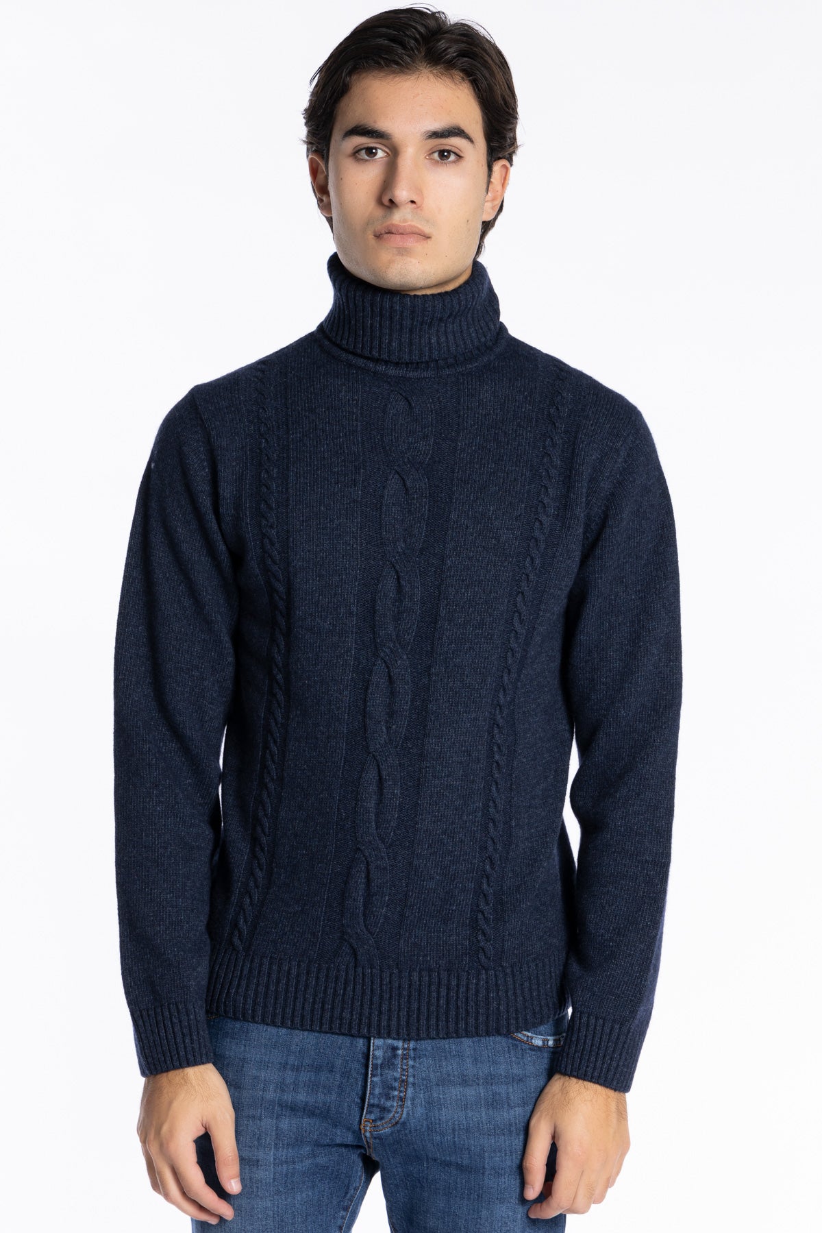 Maglione da uomo collo alto Blu in lana e Cashmere con trama treccia interna maniche lunghe