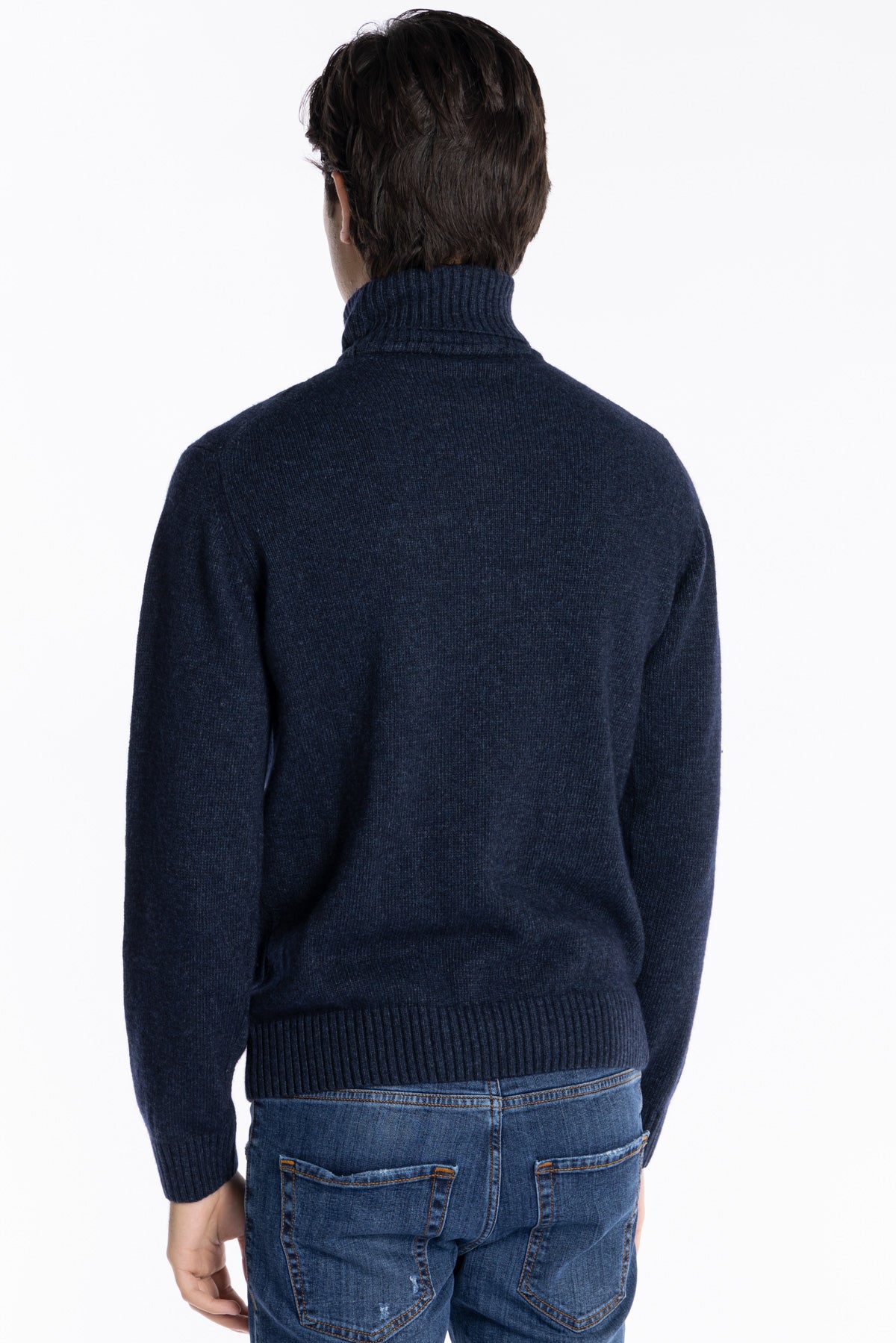Maglione da uomo collo alto Blu in lana e Cashmere con trama treccia interna maniche lunghe