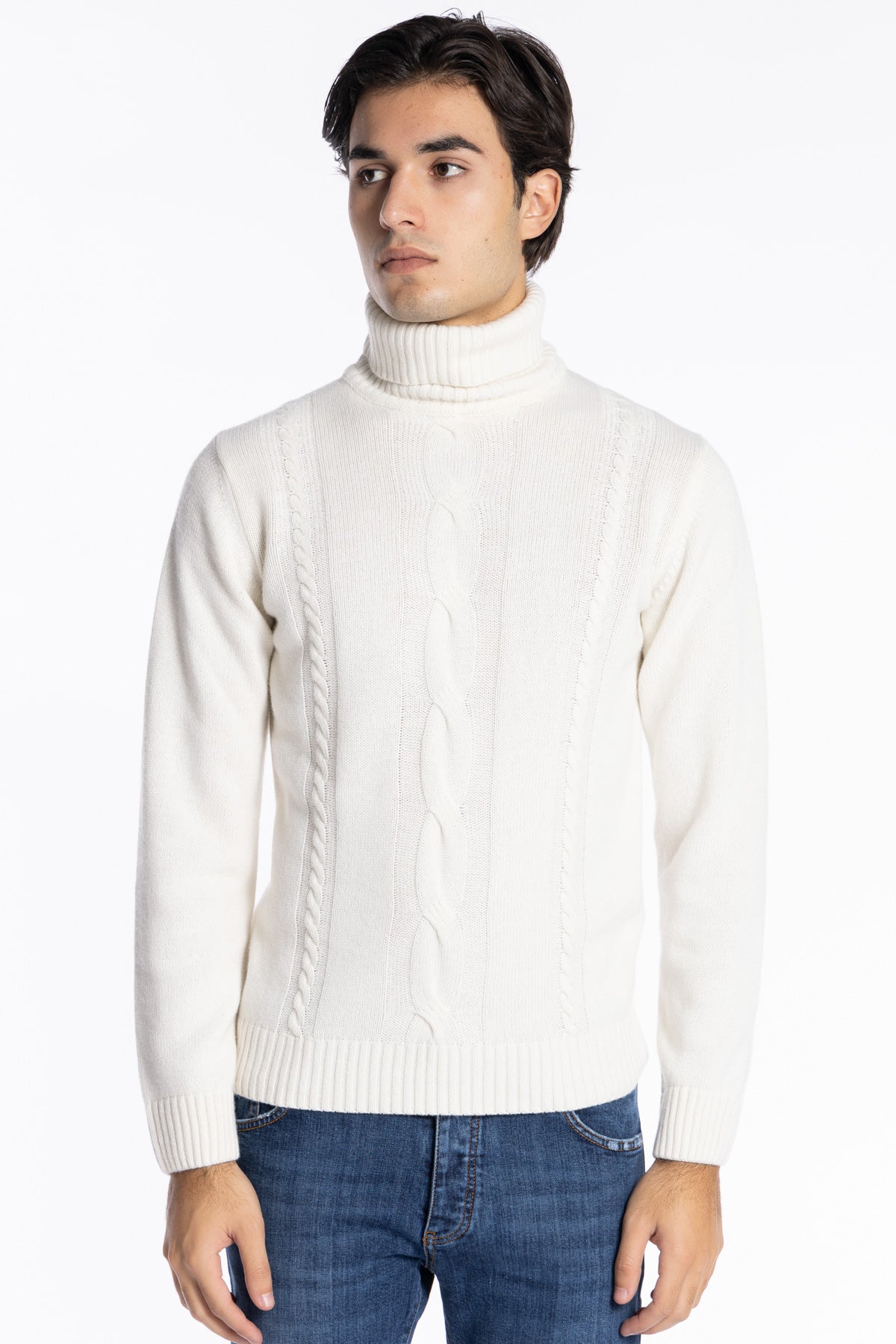 Maglione da uomo collo alto bianco in lana e Cashmere con trama treccia interna maniche lunghe