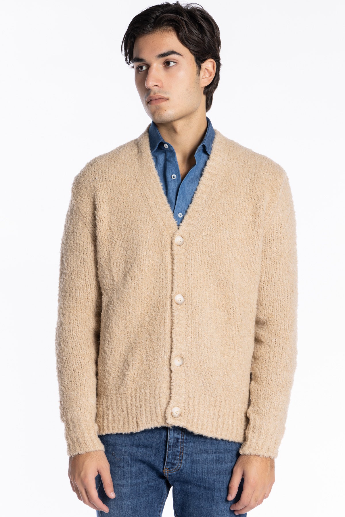 Cardigan da uomo in in lana boucle beige 4 bottoni maniche lunghe vestibilità comoda