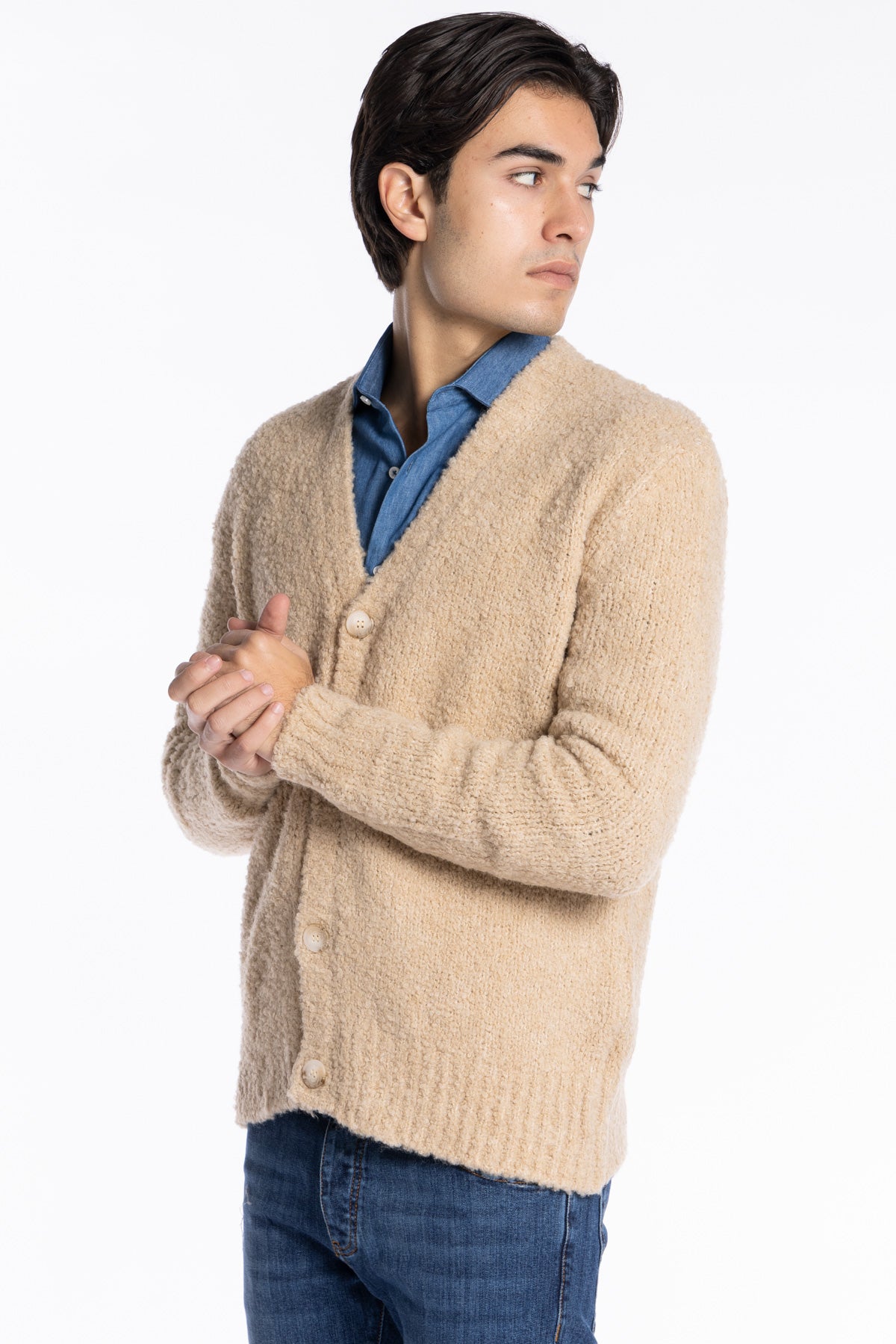 Cardigan da uomo in in lana boucle beige 4 bottoni maniche lunghe vestibilità comoda