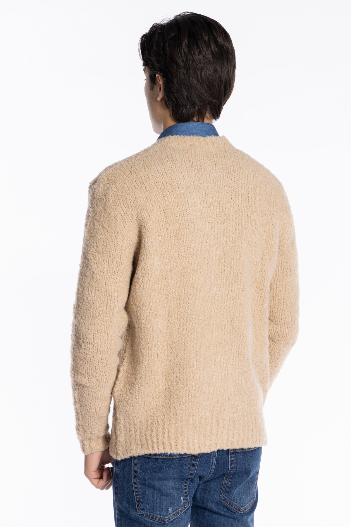 Cardigan da uomo in in lana boucle beige 4 bottoni maniche lunghe vestibilità comoda