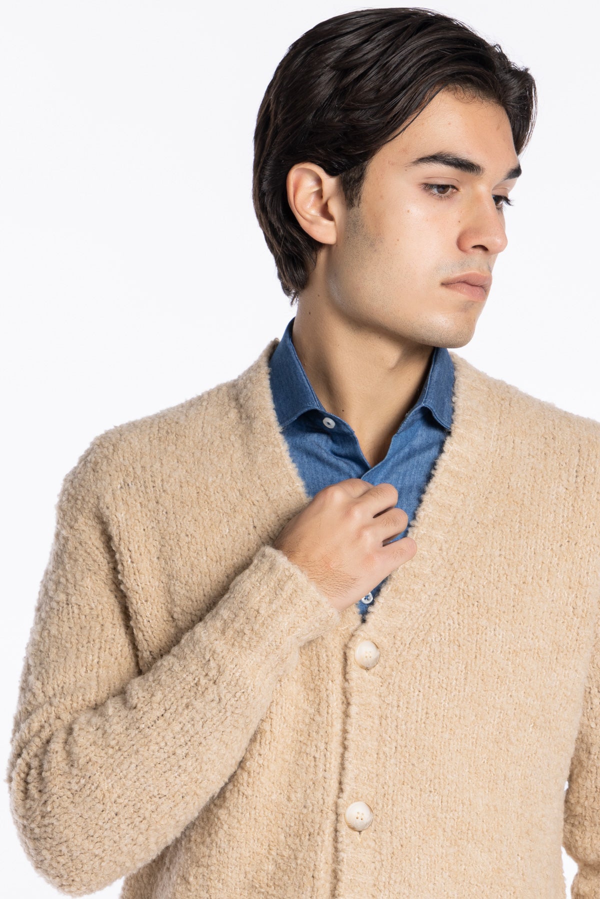 Cardigan da uomo in in lana boucle beige 4 bottoni maniche lunghe vestibilità comoda