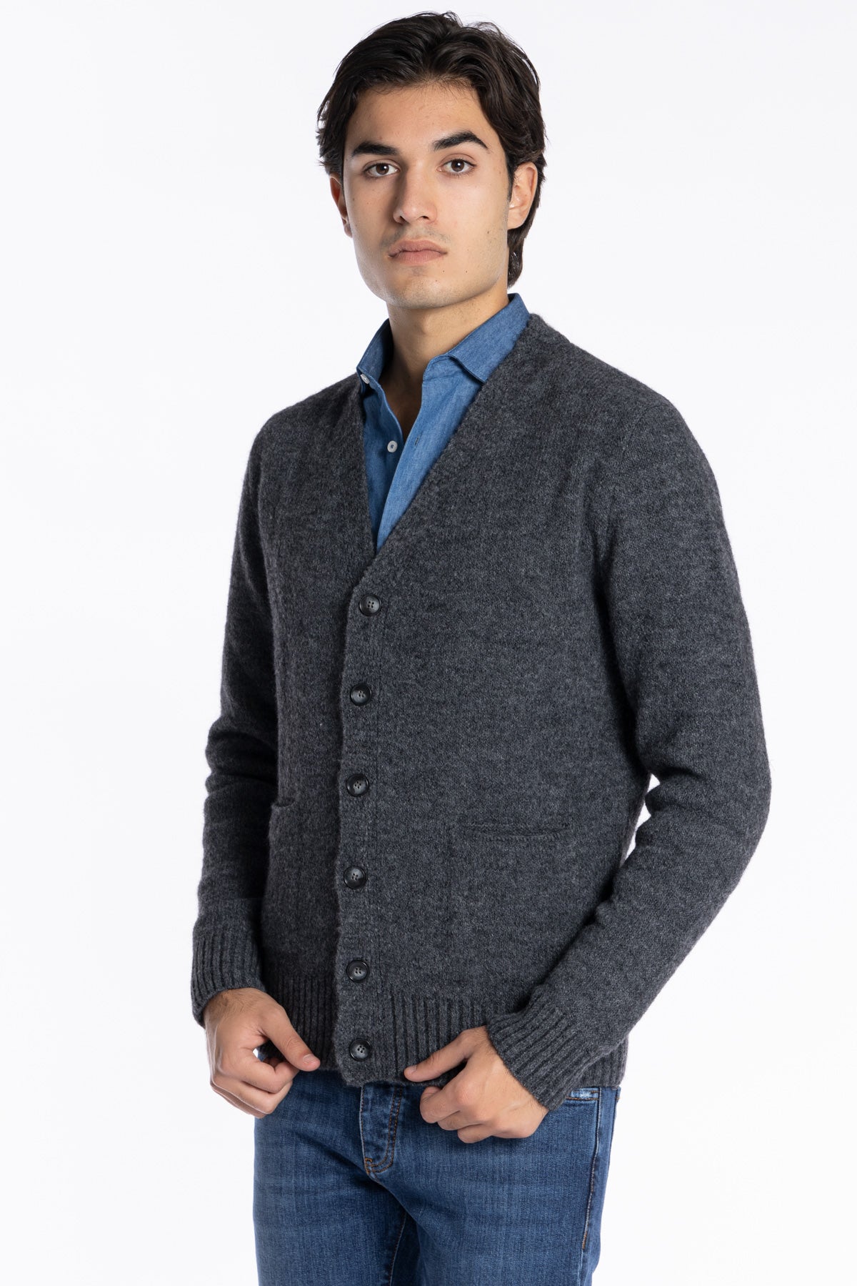 Cardigan da uomo in in lana mista grigio 6 bottoni maniche lunghe con taschini