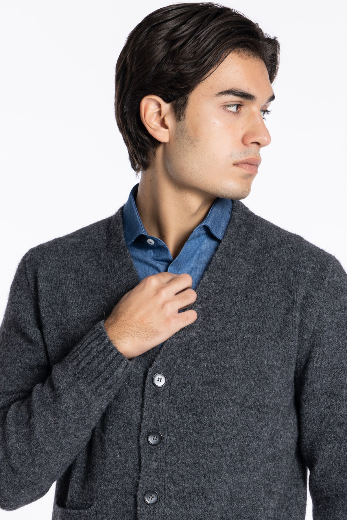 Cardigan da uomo in in lana mista grigio 6 bottoni maniche lunghe con taschini