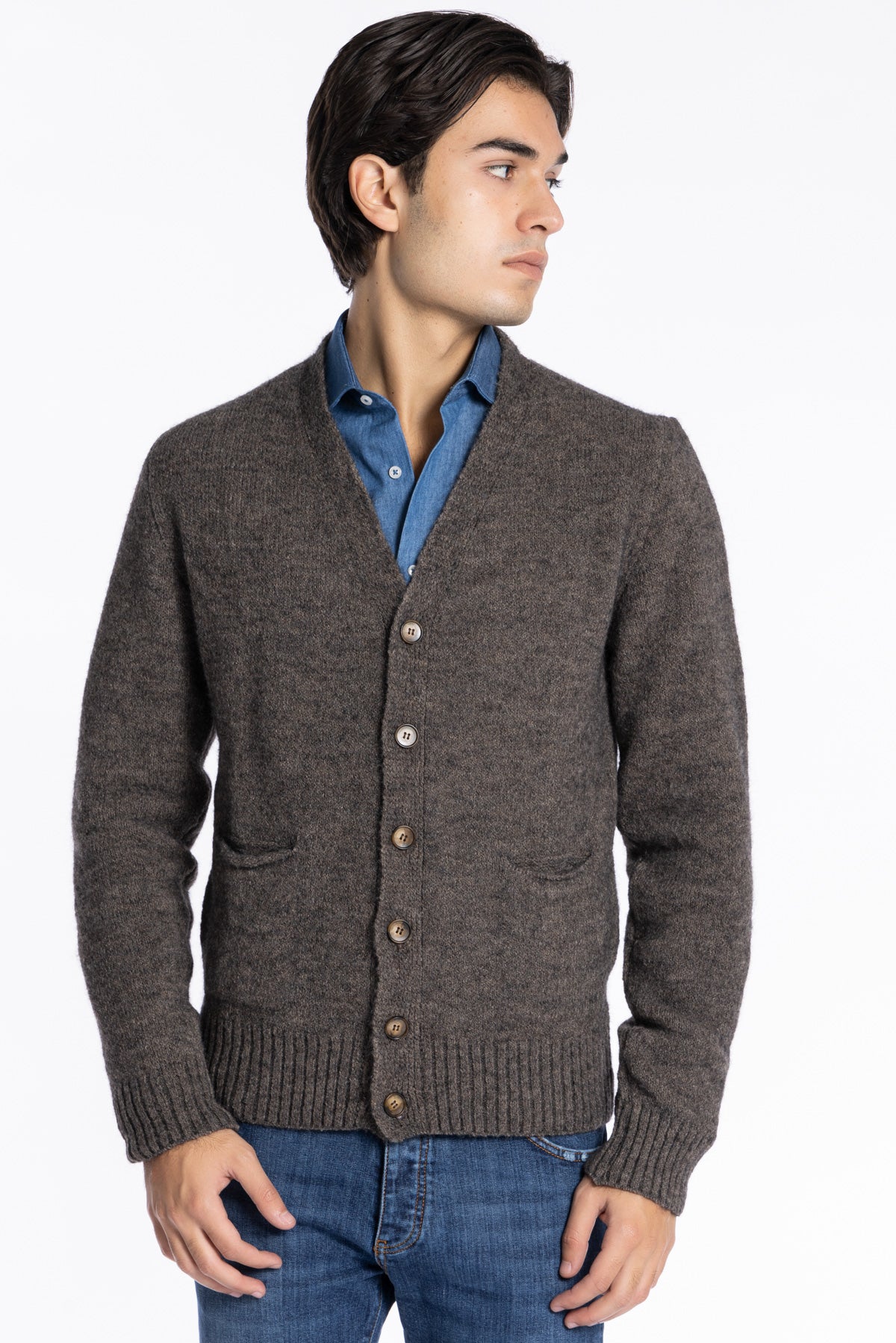 Cardigan da uomo in in lana mista marrone 6 bottoni maniche lunghe con taschini