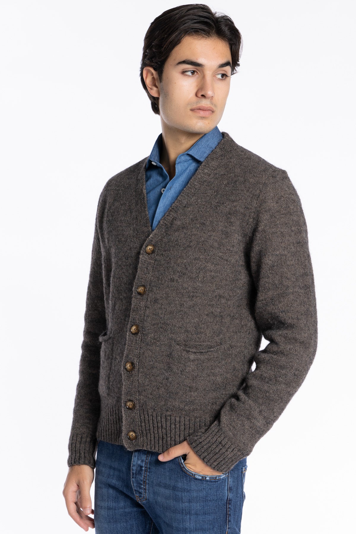 Cardigan da uomo in in lana mista marrone 6 bottoni maniche lunghe con taschini