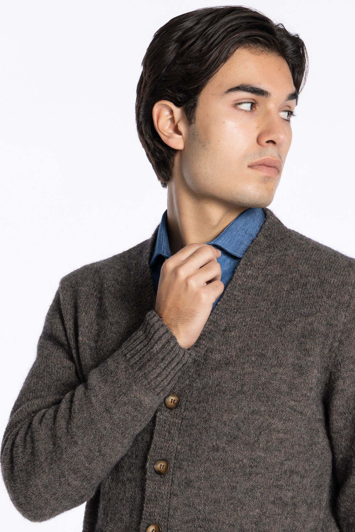 Cardigan da uomo in in lana mista marrone 6 bottoni maniche lunghe con taschini