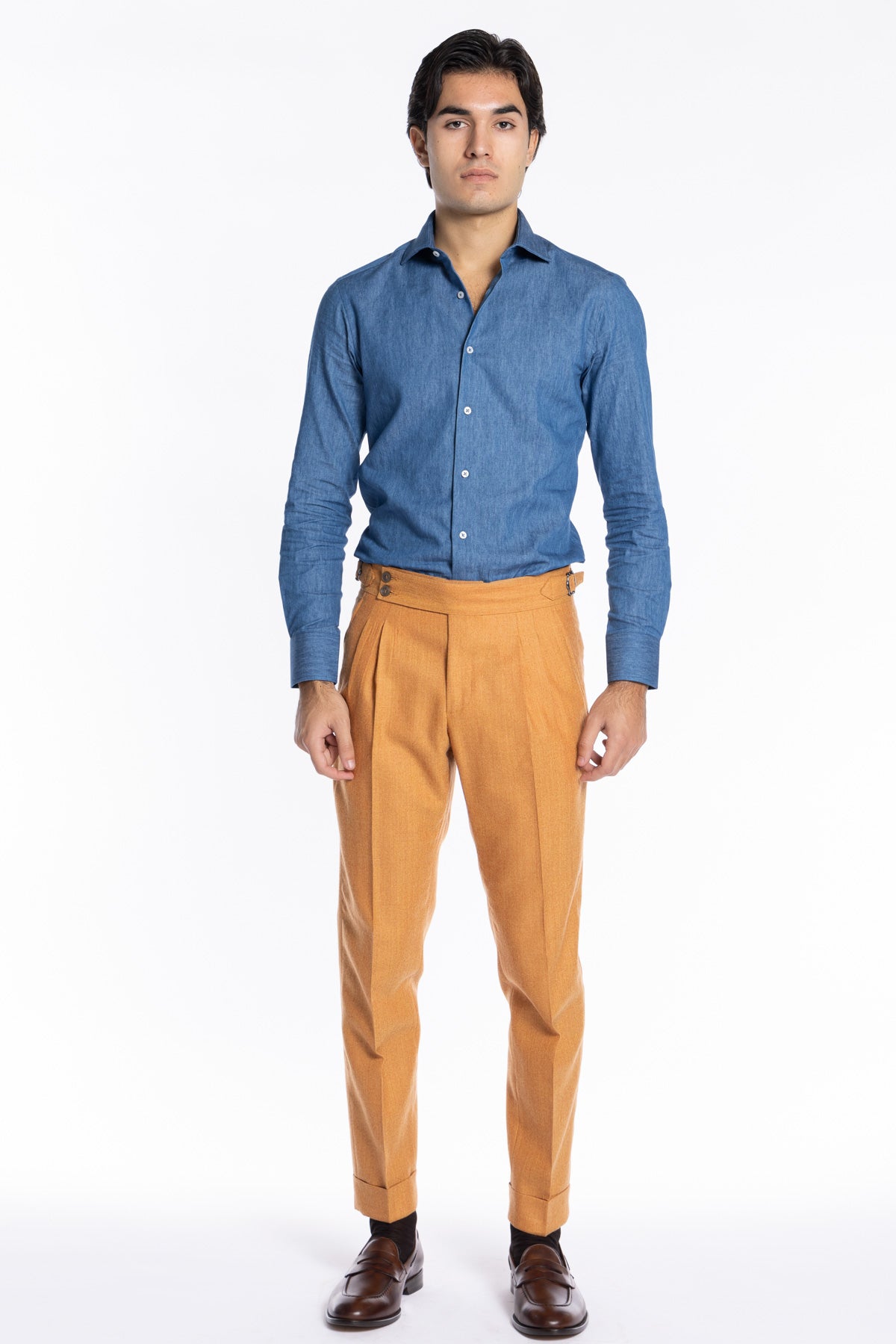 Abito uomo monopetto Arancio spigata in pura lana Rever a lancia e tasche a toppe Holland & Sherry