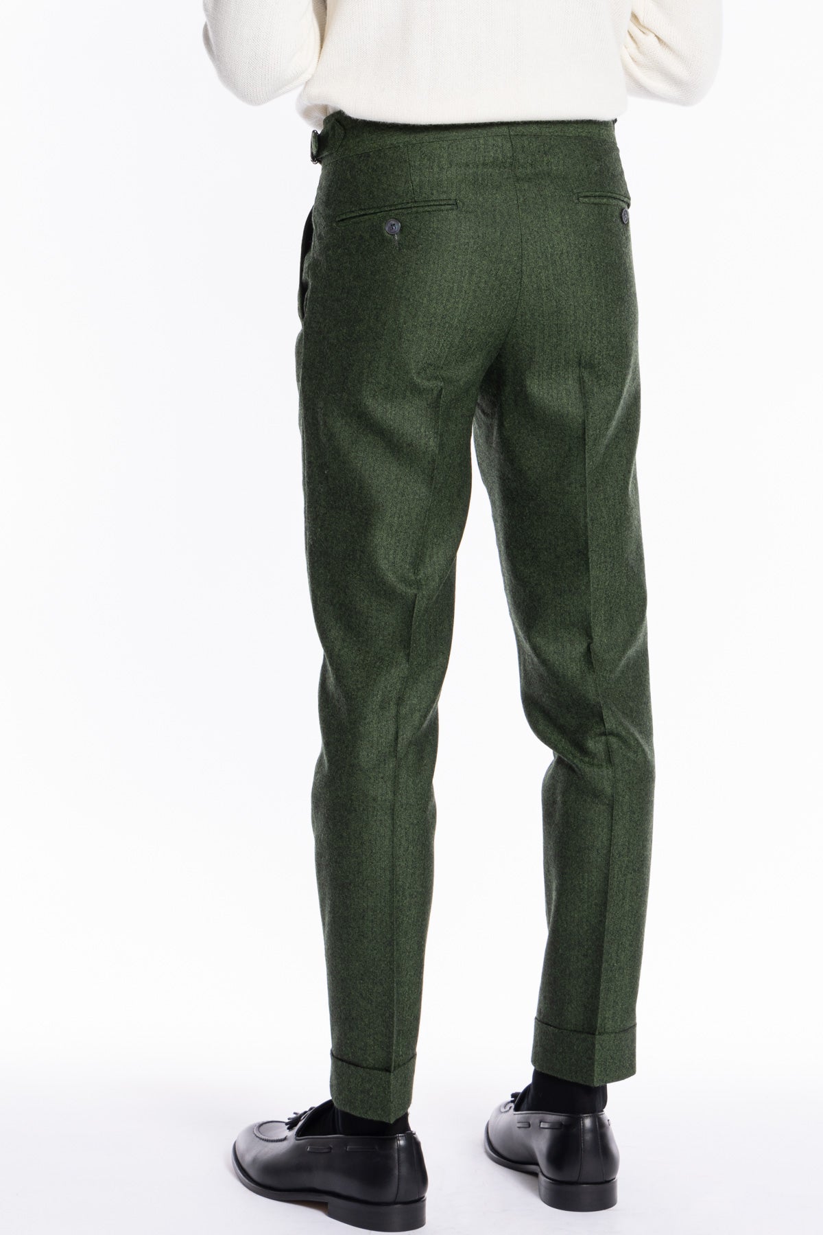 Pantalone uomo verde spigato vita alta tasca america in lana flanella Holland & Sherry con doppia pinces e fibbie laterali regolabili