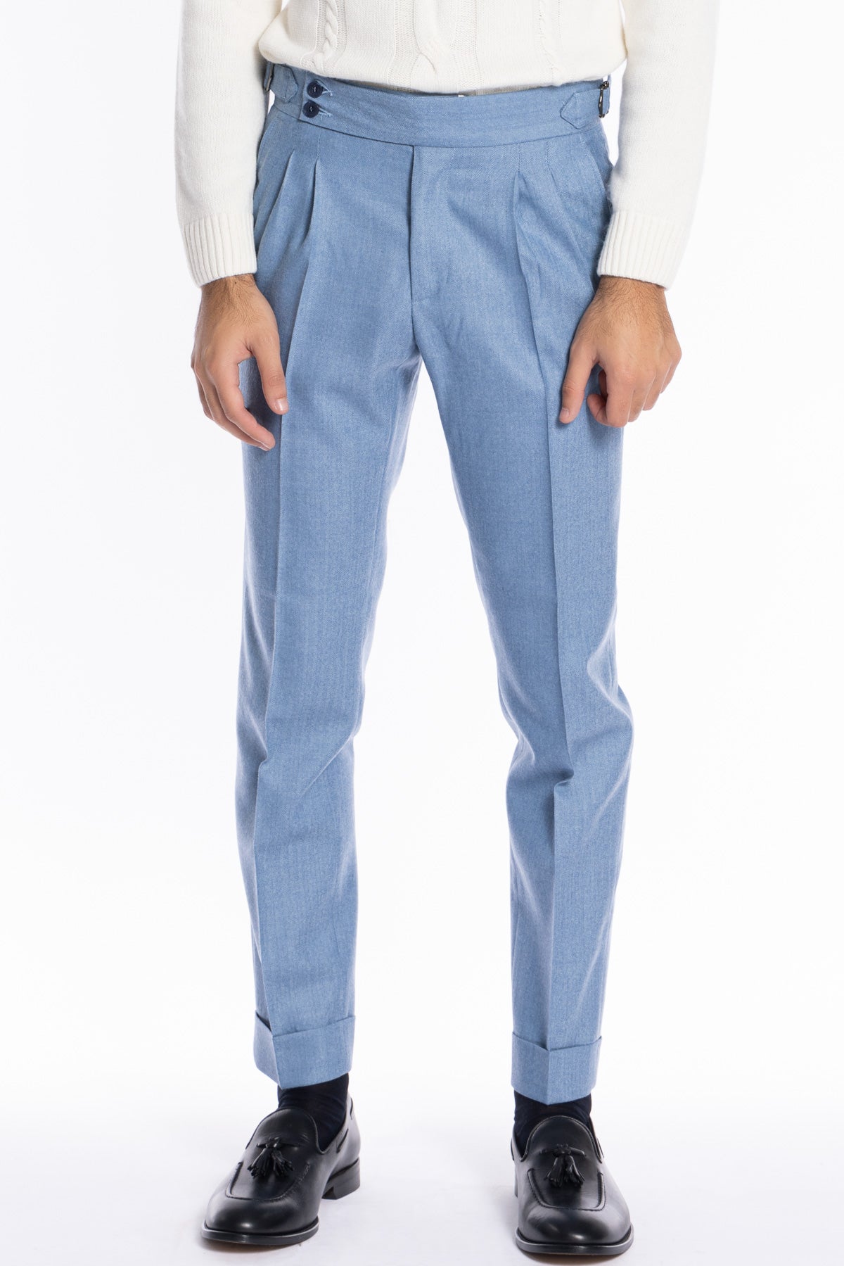 Pantalone uomo celeste spigato vita alta tasca america in lana flanella Holland & Sherry con doppia pinces e fibbie laterali regolabili