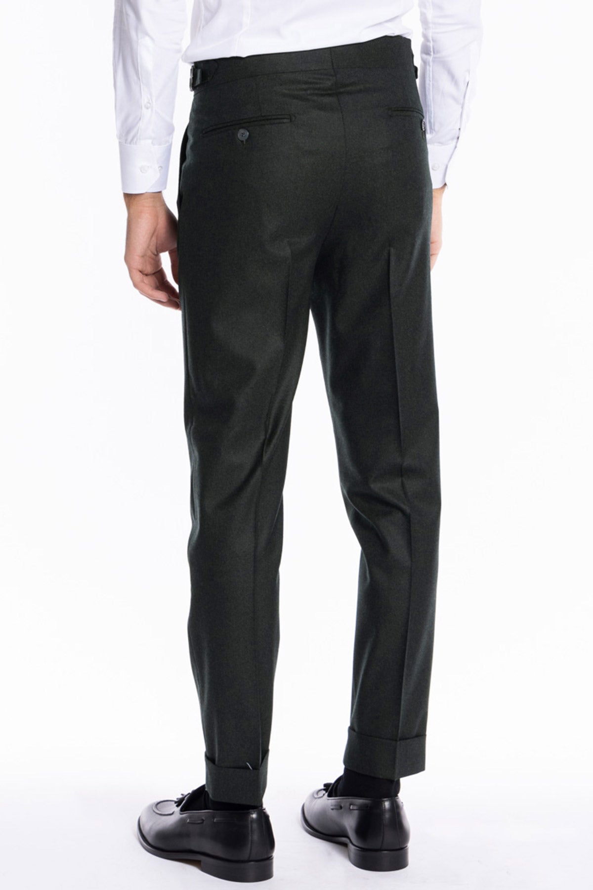 Pantalone uomo verde militare vita alta tasca america in lana flanella Vitale Barberis Canonico con doppia pinces e fibbie laterali regolabili