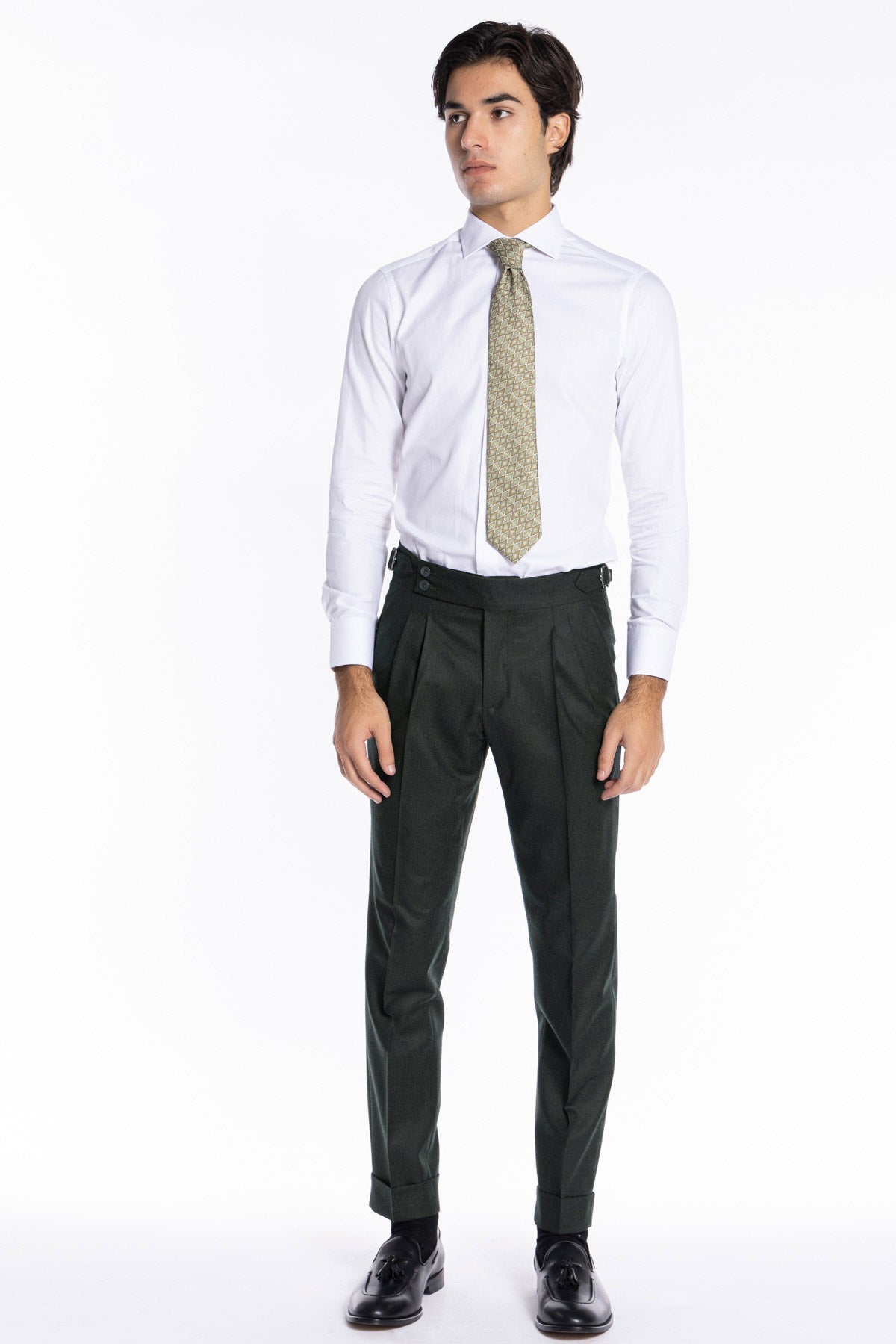 Pantalone uomo verde militare vita alta tasca america in lana flanella Vitale Barberis Canonico con doppia pinces e fibbie laterali regolabili