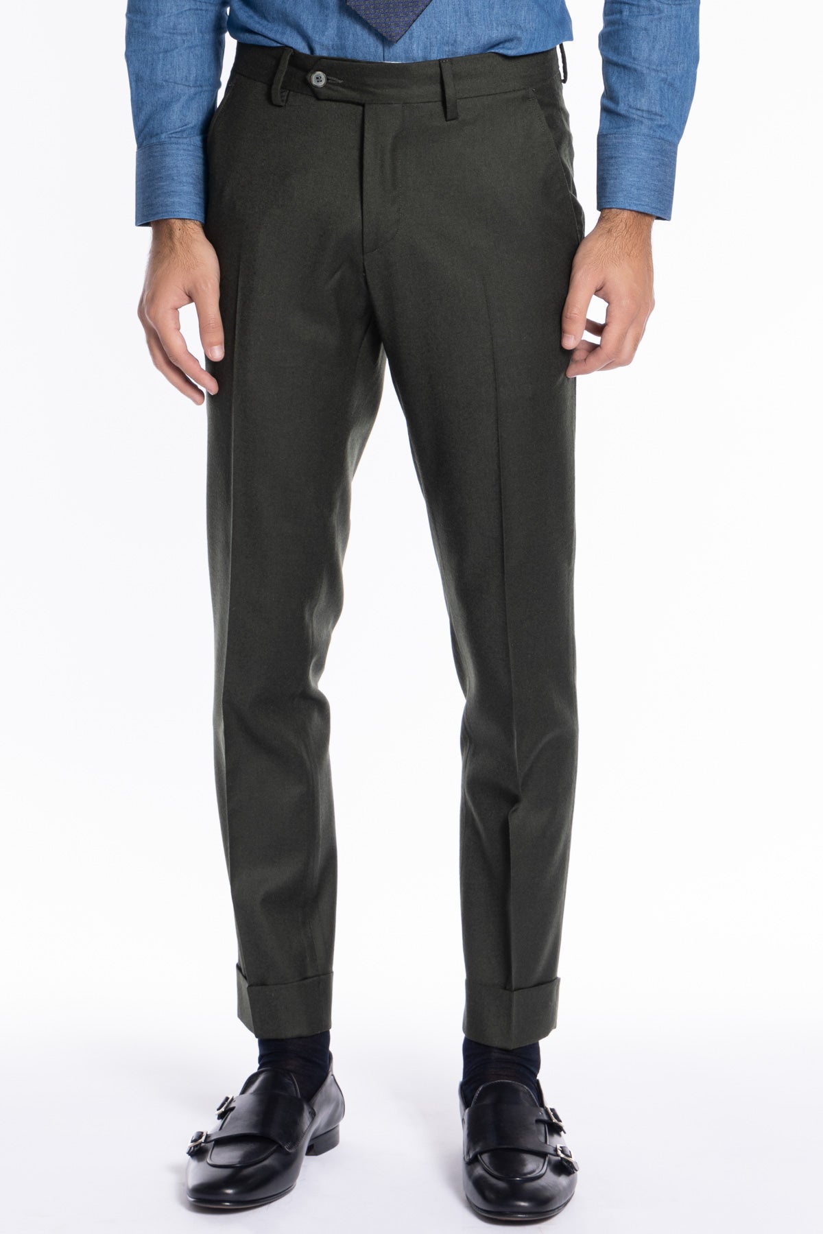 Pantalone uomo verde militare tasca america in lana e cashmere Bristol Tessuti Napoli slim fit con risvolto di 5cm