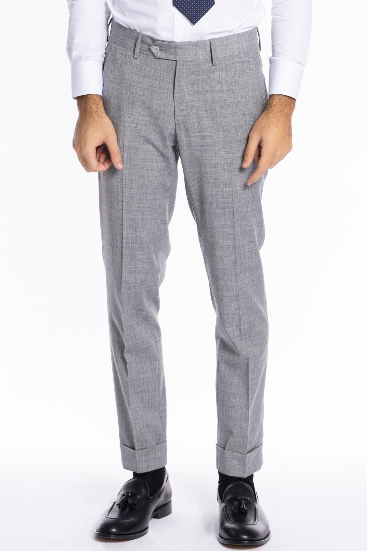 Pantalone uomo grigio chiaro effetto fresco lana slim fit con risvolto di 5cm