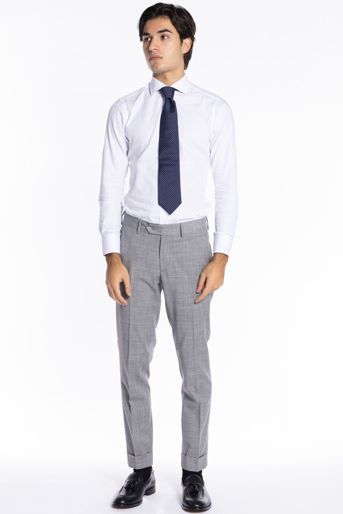 Pantalone uomo grigio chiaro effetto fresco lana slim fit con risvolto di 5cm