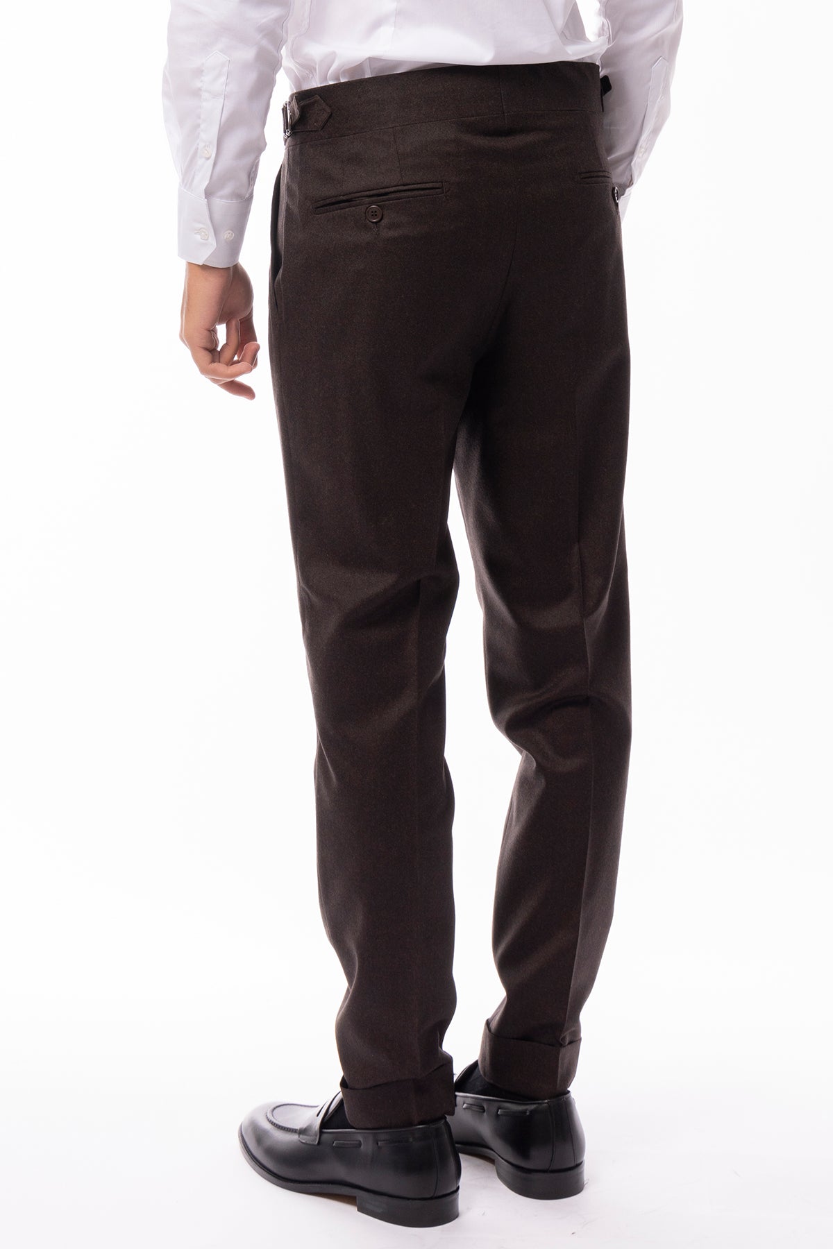 Pantalone uomo marrone vita alta tasca america in lana flanella con pinces e fibbie laterali Vitale Barberis Canonico