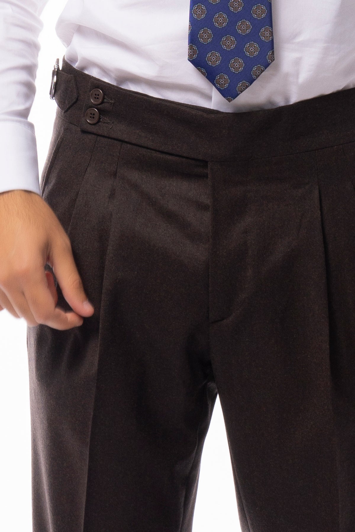 Pantalone uomo marrone vita alta tasca america in lana flanella con pinces e fibbie laterali Vitale Barberis Canonico