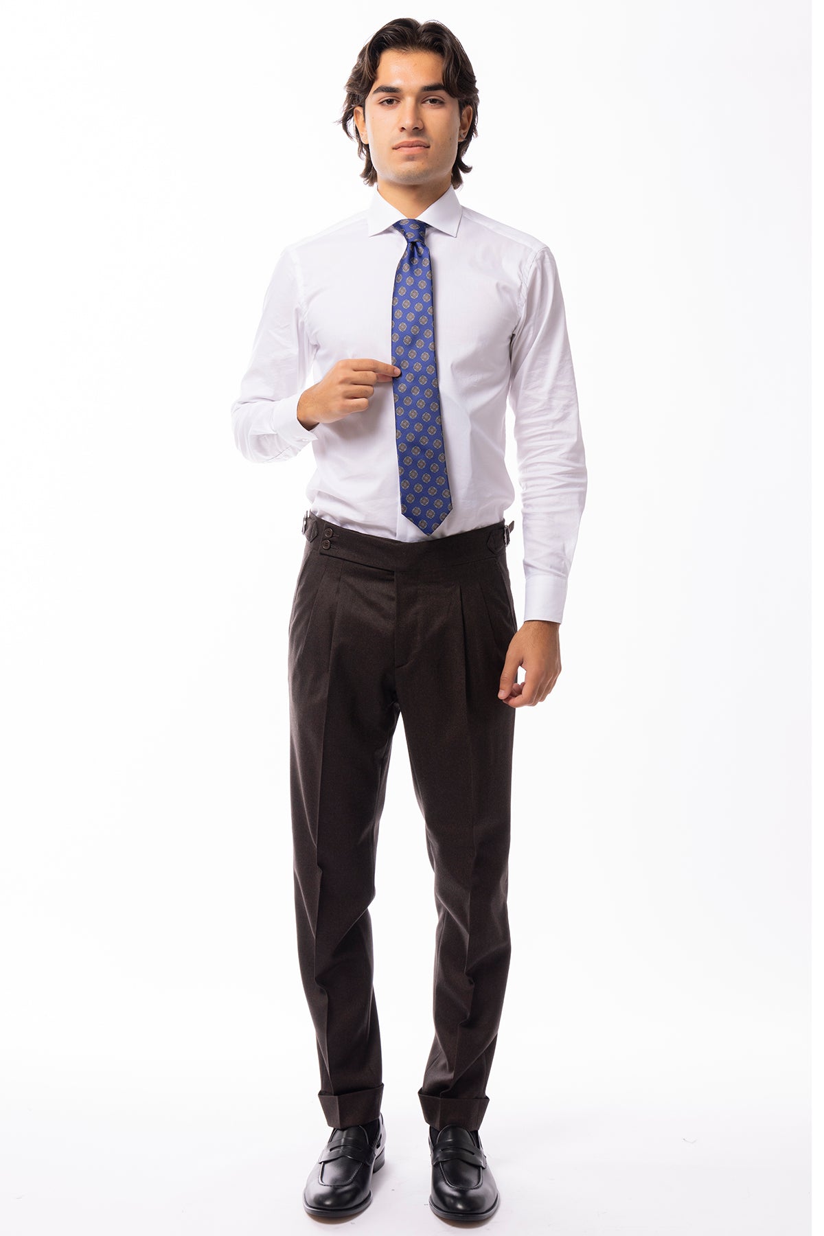 Pantalone uomo marrone vita alta tasca america in lana flanella con pinces e fibbie laterali Vitale Barberis Canonico