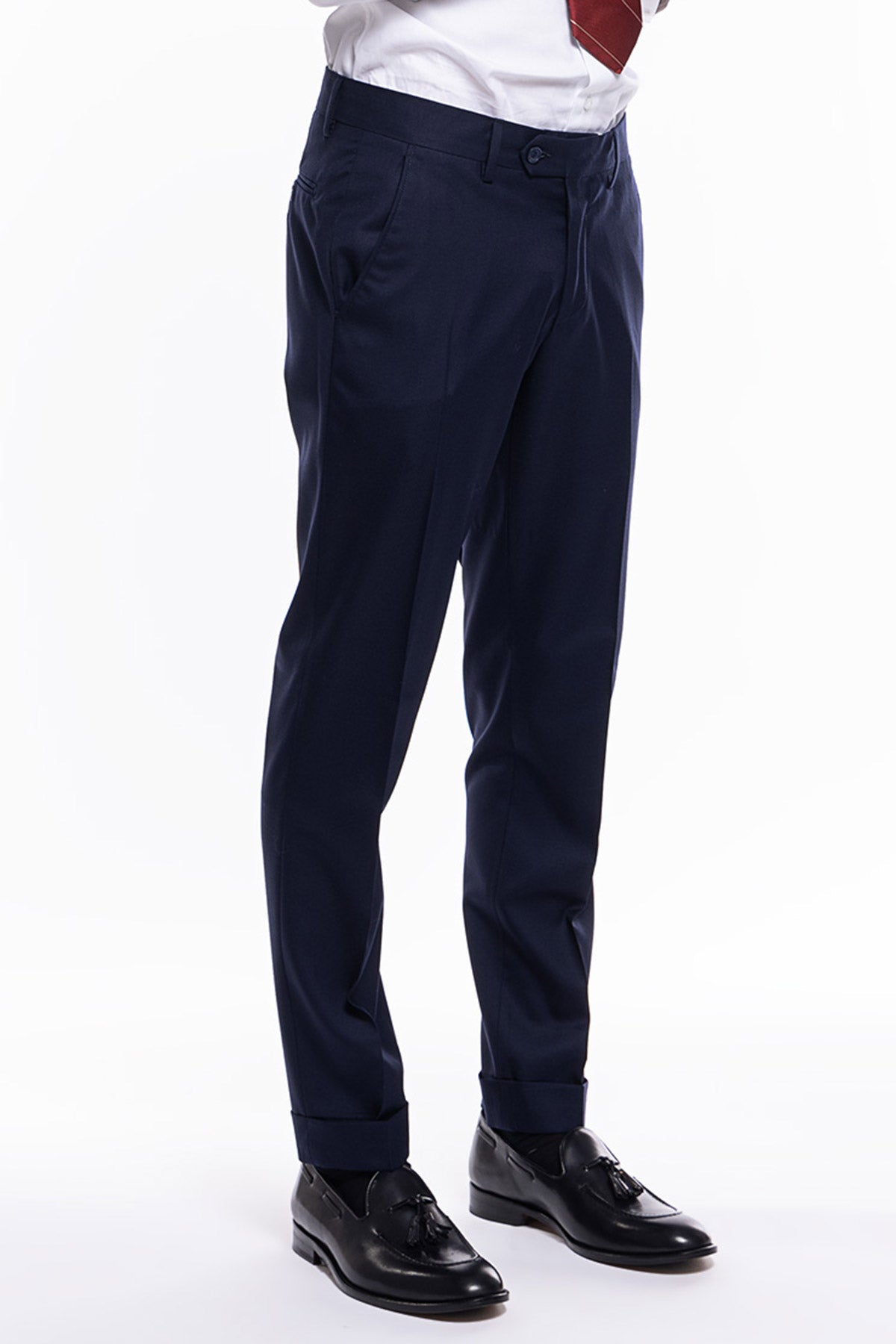 Pantalone uomo navy blu tasca america in fresco lana super 140's holland e sherry slim fit con risvolto di 5cm