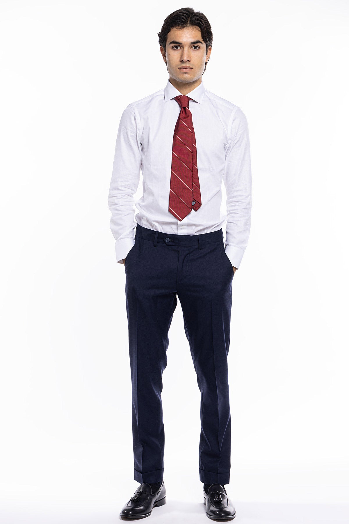Pantalone uomo navy blu tasca america in fresco lana super 140's holland e sherry slim fit con risvolto di 5cm