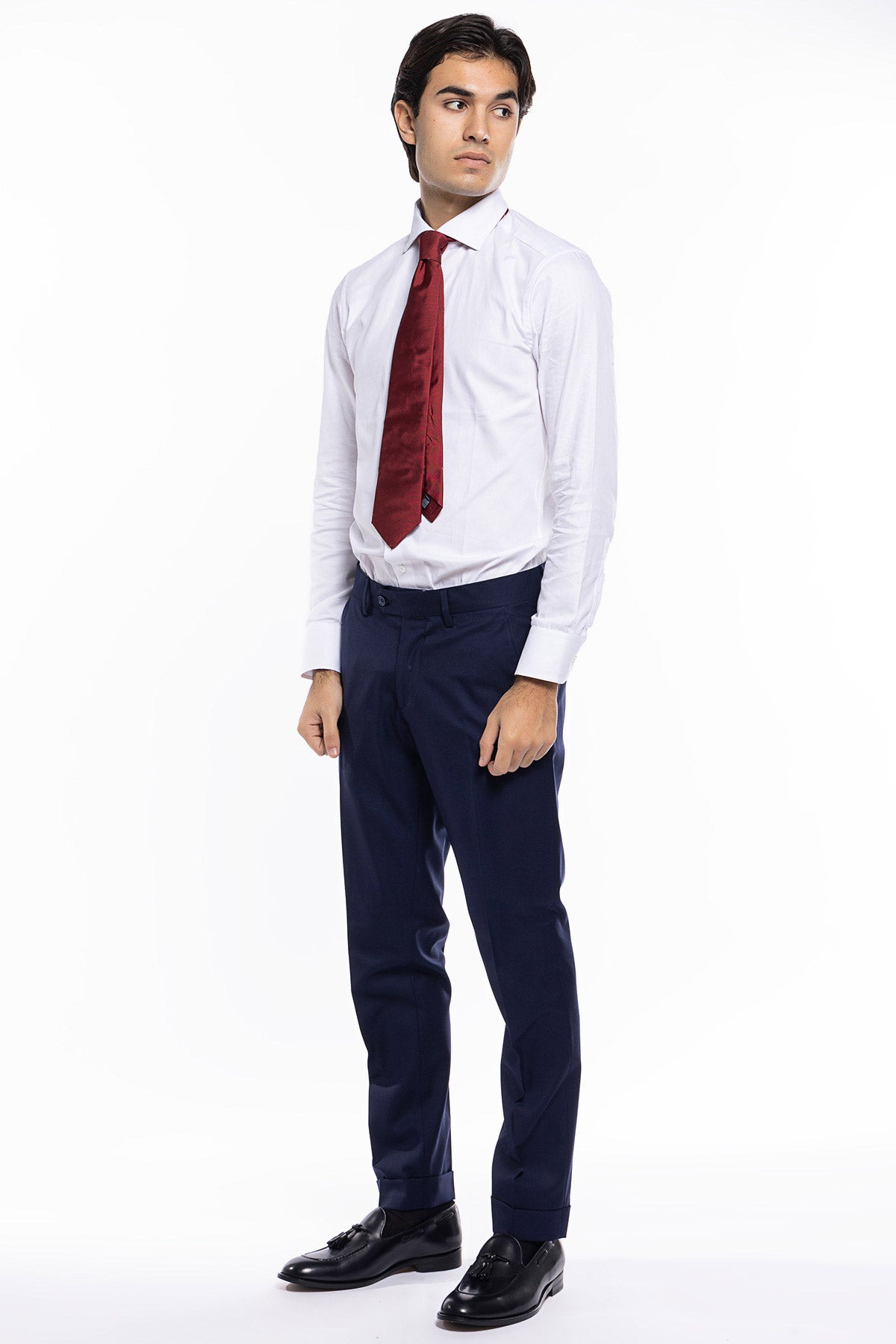 Pantalone uomo blu tasca america in fresco lana super 140's holland e sherry slim fit con risvolto di 5cm
