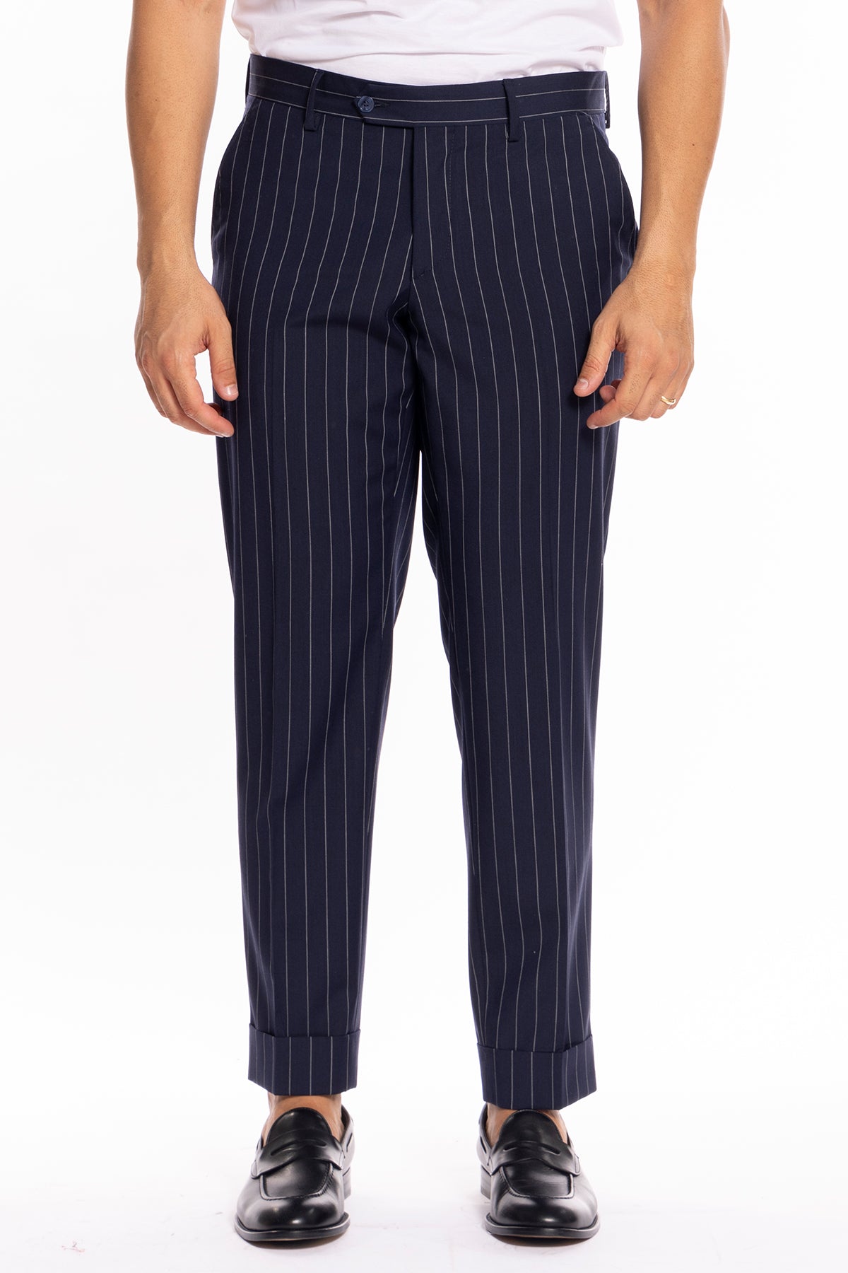 Pantalone uomo navy blu gessato in fresco lana misto slim fit con risvolto di 5cm