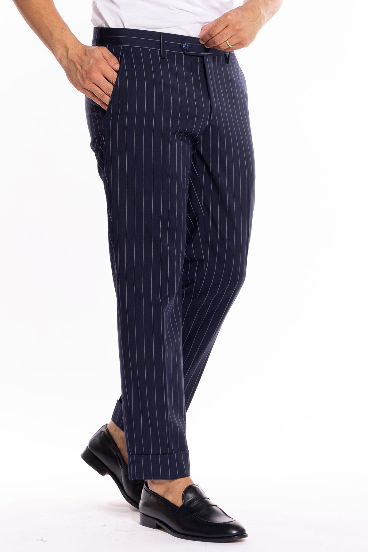 Pantalone uomo navy blu gessato in fresco lana misto slim fit con risvolto di 5cm