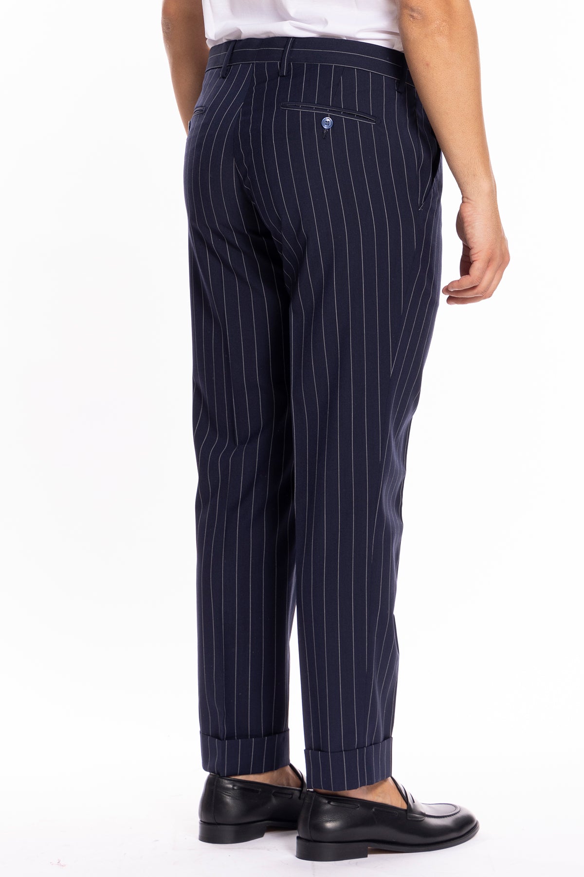 Pantalone uomo navy blu gessato in fresco lana misto slim fit con risvolto di 5cm