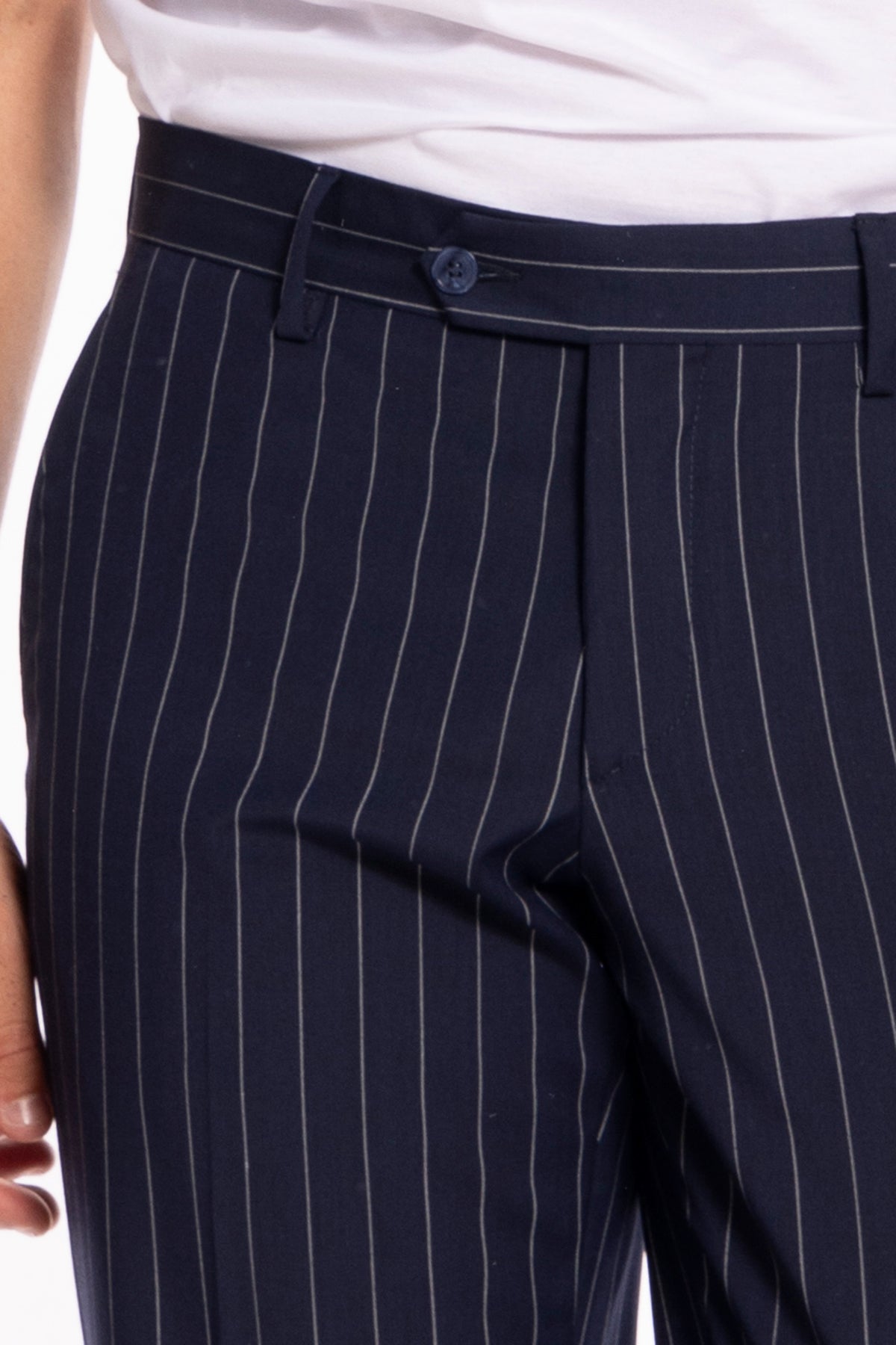 Pantalone uomo navy blu gessato in fresco lana misto slim fit con risvolto di 5cm