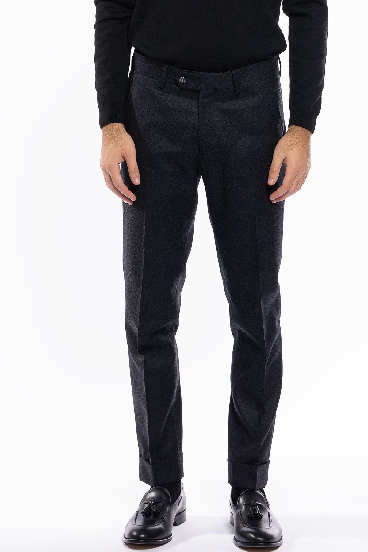 Pantalone uomo grigio scuro vita alta tasca america in lana flanella con pinces e fibbie laterali Vitale Barberis Canonico