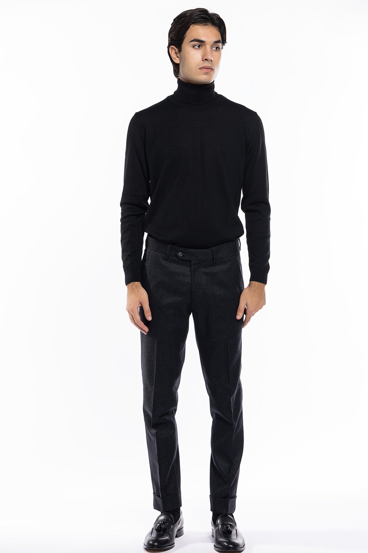 Pantalone uomo grigio scuro vita alta tasca america in lana flanella con pinces e fibbie laterali Vitale Barberis Canonico